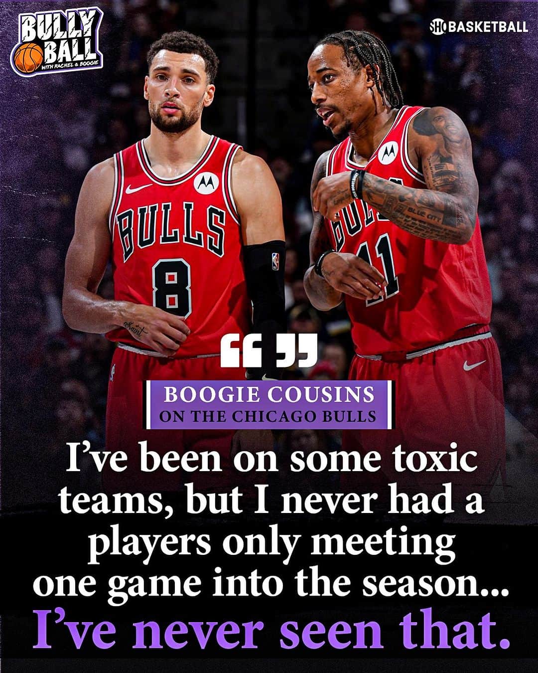 レイチェル・ニコルズのインスタグラム：「Boogie Cousins: “I don’t think they’ll make it to December” We started by talking about who may be available for the #Sixers to pair with Joel Embiid and ended with the #Bulls catching strays 😂 Subscribe to our new @shobasketball pod Bully Ball wherever you get your podcasts - links in bio.」