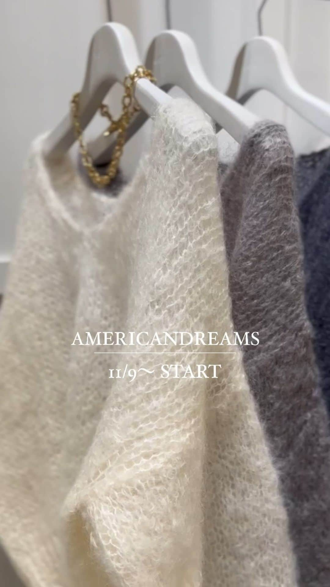 NOBLEのインスタグラム：「【AMERICAN DREAMS】 11/9〜start...  大好評ニットがいよいよ発売です☺️ 八木ちゃんと着てみました♪  11/8 21:15〜名古屋店　Insta Live 皆さま、お楽しみに❤️  #noble #knit #atelier_nagoya #styling #23aw」