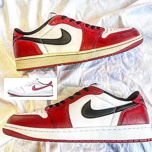 Sneaker At Randomのインスタグラム：「カスタムスニーカー .  Nike Air Jordan 1 Retro Low OG "White and University Red" . Chicago風カスタム  今回は、 ⚫︎通常ver ⚫︎ヴィンテージver のパターンで作成してみました👨‍🔧  履き口はブラックへ張り替えております👟  タンタグだけそのままになります🙇‍♂️  サンプルは高円寺店でご覧いただけます！  ご依頼も受け付けております🎨  同様のカスタムの場合 ⚫︎通常ver  18700円税込  ⚫︎ヴィンテージver 22000円税込 ※加工具合によって変動あり  修理はもちろんのこと、 カスタムでも履き口の張り替えを 行っております👨‍🔧  ⚫︎張り替え 8800円税込〜 ※ハイカット、ローカットどちらでも張り替え可能です。 先ずはご相談下さいませ！  シューレースはアトランダム製 ⚫︎シンプルフラットシューレース 770円税込を装置しております！  HPからやDMにてお問い合わせ下さいませ📩  制作　山口 @shinpapa1984   #スニーカー  #スニーカーコーデ  #スニーカーヘッズ #カスタムスニーカー  #スニーカー好き  #スニーカーカスタム  #スニーカー男子 #スニーカー好きな人と繋がりたい #NIKE #sneakerhead #sneakers #angeluspaint  #customsneakers  #custom  #customshoes  #customized  #custommade  #customkicks  #customnikes  #customaf1  #aj1 #af1 #dunk  @hypebeastkicks  @hypebeastjp  @hypebeaststyle  @hypebeast」