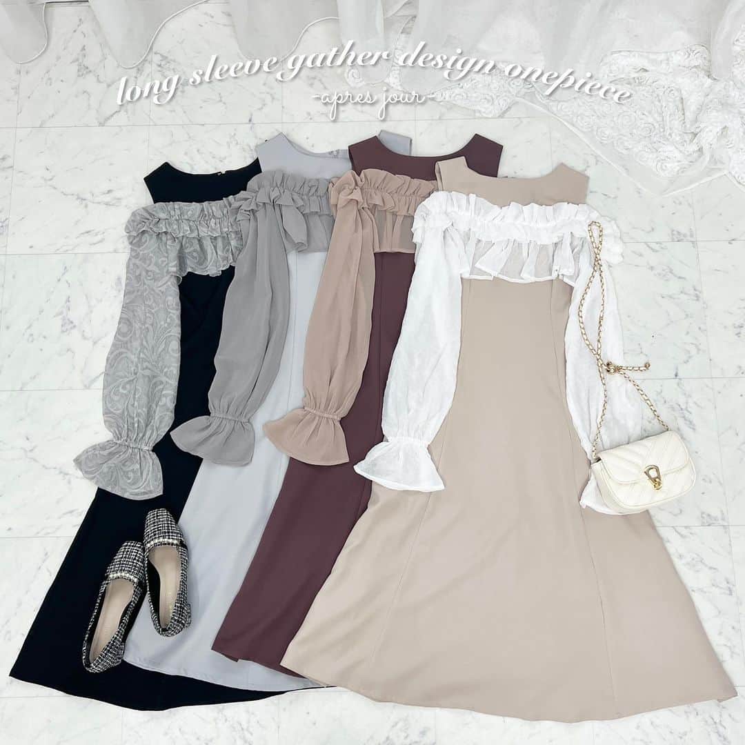 apres jour(アプレジュール) のインスタグラム：「【new arrival🎀】11/9(木) 21:00〜 ⁡ ◆夏に大人気だったあのワンピースが秋冬仕様になって再登場！ ⁡ 肩から胸元に1周ぐるりと施されたギャザーデザインが目を惹くワンピース。 身頃はポンチのような軽めの素材で、キレイめな印象にみせることができます。  正面・背面に2本の切り替え線があり、 自然とくびれがメイクできるデザインになっています。  後ろにファスナーが付いているので、着脱も簡単◎  普段のお出かけにはもちらん、ドレスアップしたい特別な日にもぴったりです♡ インナーに迷われる方は985155とのセット着用をおすすめいたします♪  ⁡ #ロングスリーブギャザーデザインワンピース 商品番号🔎987933 サイズ…F/XL ¥4,995(taxin) ⁡ ⁡ こちらの画像はインスタ用に加工しておりますので、カラーの雰囲気が実際の商品と異なる場合がございます。 商品ページにてカラーのご確認をお願い致します。 ⁡ #ZOZOでしか買えない #アプレジュール #アプレ部」