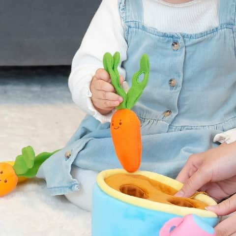 ヴィレッジヴァンガードオンラインストアのインスタグラム：「．🥕🍅💭  指先を使った遊びができるぬいぐるみ♡  ・ミニファームシリーズ ぱりぱりにんじん畑 ・ファインモーター ミニラトル（びよよん さくらんぼ） ・もぎもぎトマト畑 ・【マナー布絵本シリーズ】きちんと いただきます ・【マナー布絵本シリーズ】にこにこごあいさつ  指先を使って遊ぶことで脳を刺激し、発達を促します😆  鈴の音やパリパリ・鳴き笛等の 音の仕掛けも盛りだくさん！👏  プレゼントにもピッタリだ～～！！！  #知育 #知育おもちゃ #おもちゃ #かわいいおもちゃ #ぬいぐるみ #プレゼント #インテリア #かわいい雑貨 #おもしろ雑貨 #雑貨 #ヴィレヴァン雑貨 #ヴィレヴァン #ヴィレヴァンオンライン #ヴィレッジヴァンガード」