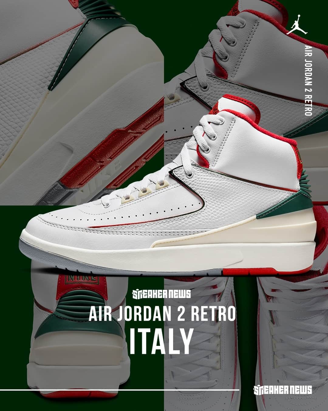 Sneaker Newsさんのインスタグラム写真 - (Sneaker NewsInstagram)「🇮🇹 ITALY 🇮🇹⁠ The Air Jordan 2 Retro returns to its Italian roots with a classic white, red, and green colorway! Tap the link in our bio for a closer look.」11月7日 12時00分 - sneakernews