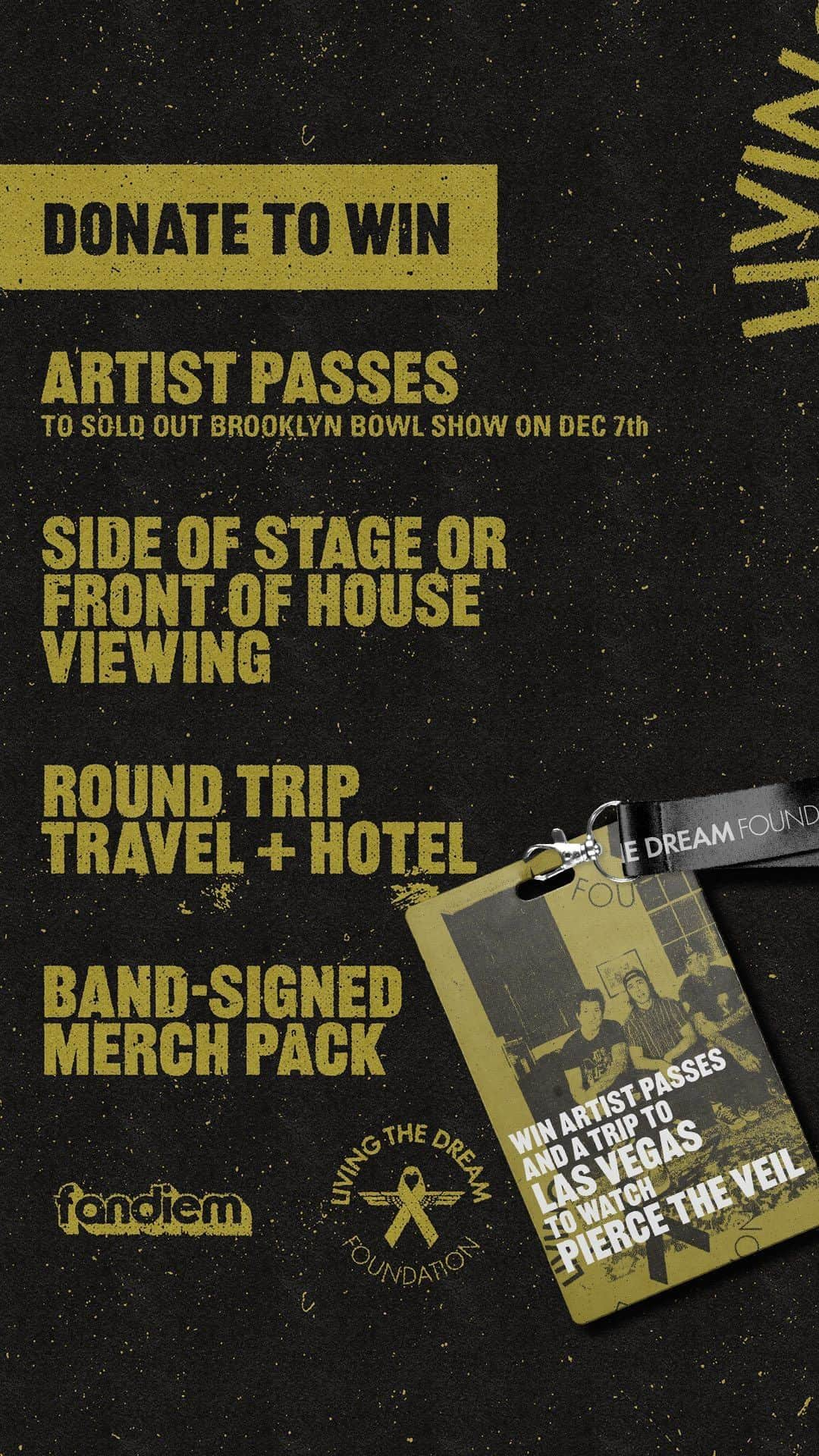 ピアス・ザ・ヴェイルのインスタグラム：「Win a trip to see us live in Las Vegas with artist passes to watch our show from the stage.   Donate now to help us make dreams come true for children and young adults living with life threatening illnesses by supporting @ltdfoundation   You could win round trip travel to Vegas, a 2-night hotel stay on the strip, backstage/artist passes for our @bbowlvegas show, signed merch and more.   Donate to win at the link in our bio  @winwithfandiem」