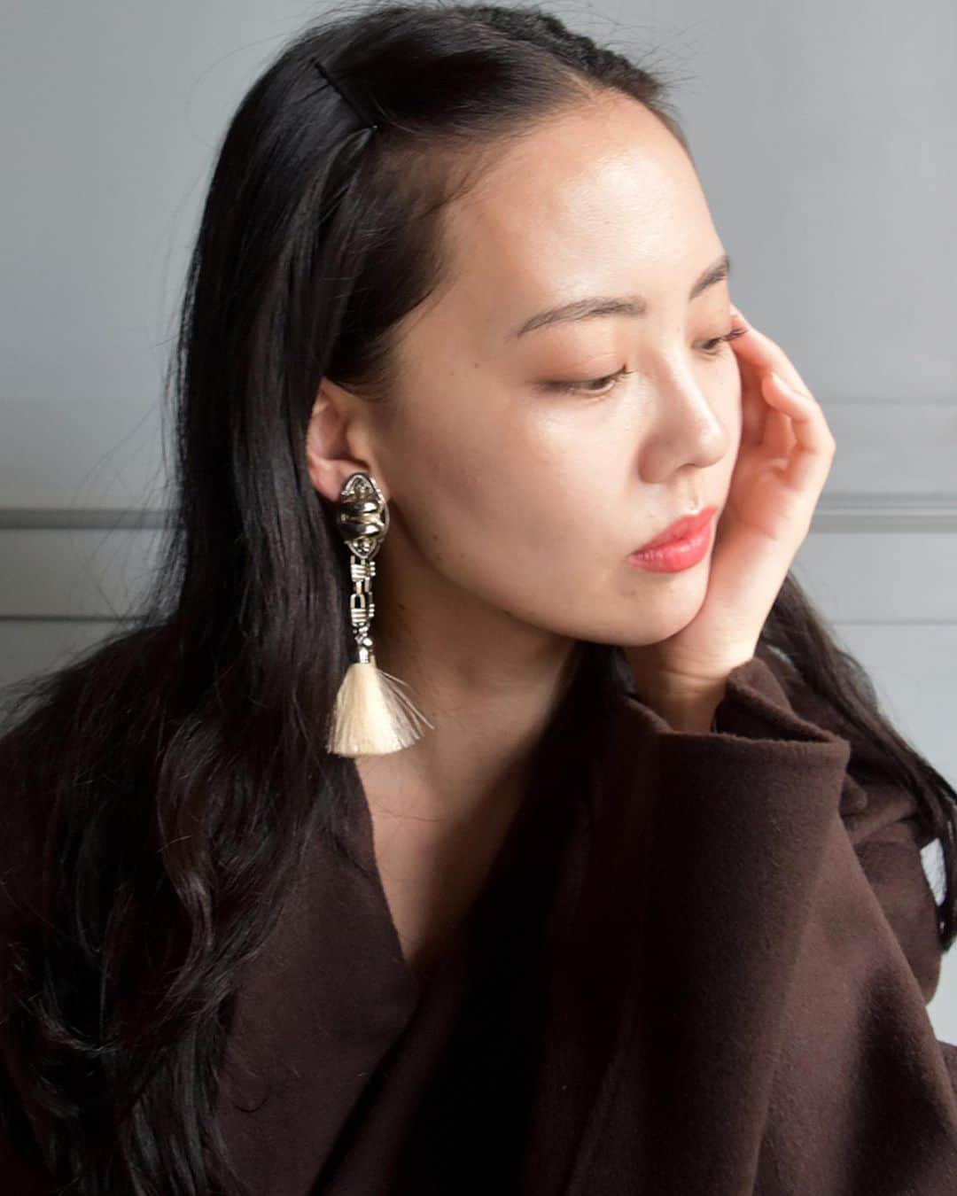 のインスタグラム：「@togaarchives  @nanushka   ・TOGA PULLA METAL CHAIN FRINGE EARRINGS White/ Black ・Nanushka ALAMO Wool Silk Blend Robe Coat/Coffee Ground」