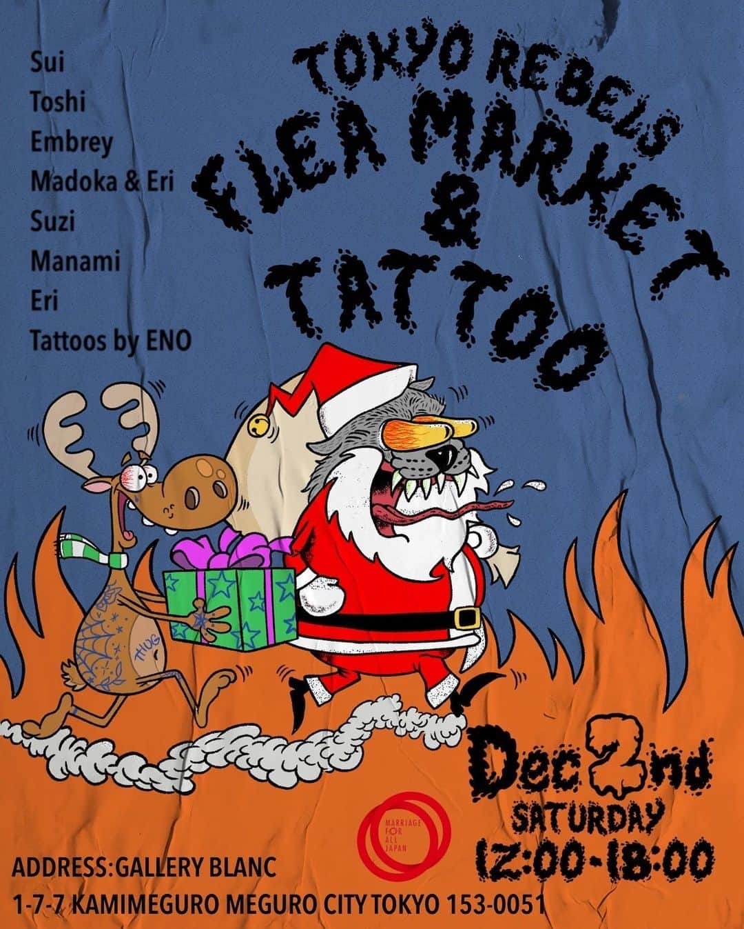 ZUCCA Modelsさんのインスタグラム写真 - (ZUCCA ModelsInstagram)「Rebels Charity Flea Market Dec 2nd at @gallery_blanc! We will be selling cool stuff to help raise money for same sex marriage @marriageforalljapan so please come hang with us!! 🖤🏳️‍🌈 @eno_tokyo_ink will be doing tattoos so if you’re interested in getting one that day please DM her 🔥🙏  Flyer by @eno_tokyo_ink 🖤  ARIGATOOOOOO!! 🖤🖤🖤  TOKYO REBELS冬のCharity Flea Market を開催致します！ 12月2日（土） @gallery_blanc 12:00 ~ 18:00  手作りグッズ、ビンテージ アクセサリー、古着などなど！のとっておきアイテムを品出する予定です♡  今回もこちらのFlea Market 会場にて@eno_tokyo_inkによる Tattoos も開催いたします！ Tattoos ご希望の方は @eno_tokyo_ink  へDMにてご連絡ください！  売上の一部を @marriageforalljapan に寄付いたします。  皆様のご参加をお待ちしております。ぜひお越しくださいませ✨」11月7日 16時43分 - tokyo.rebels