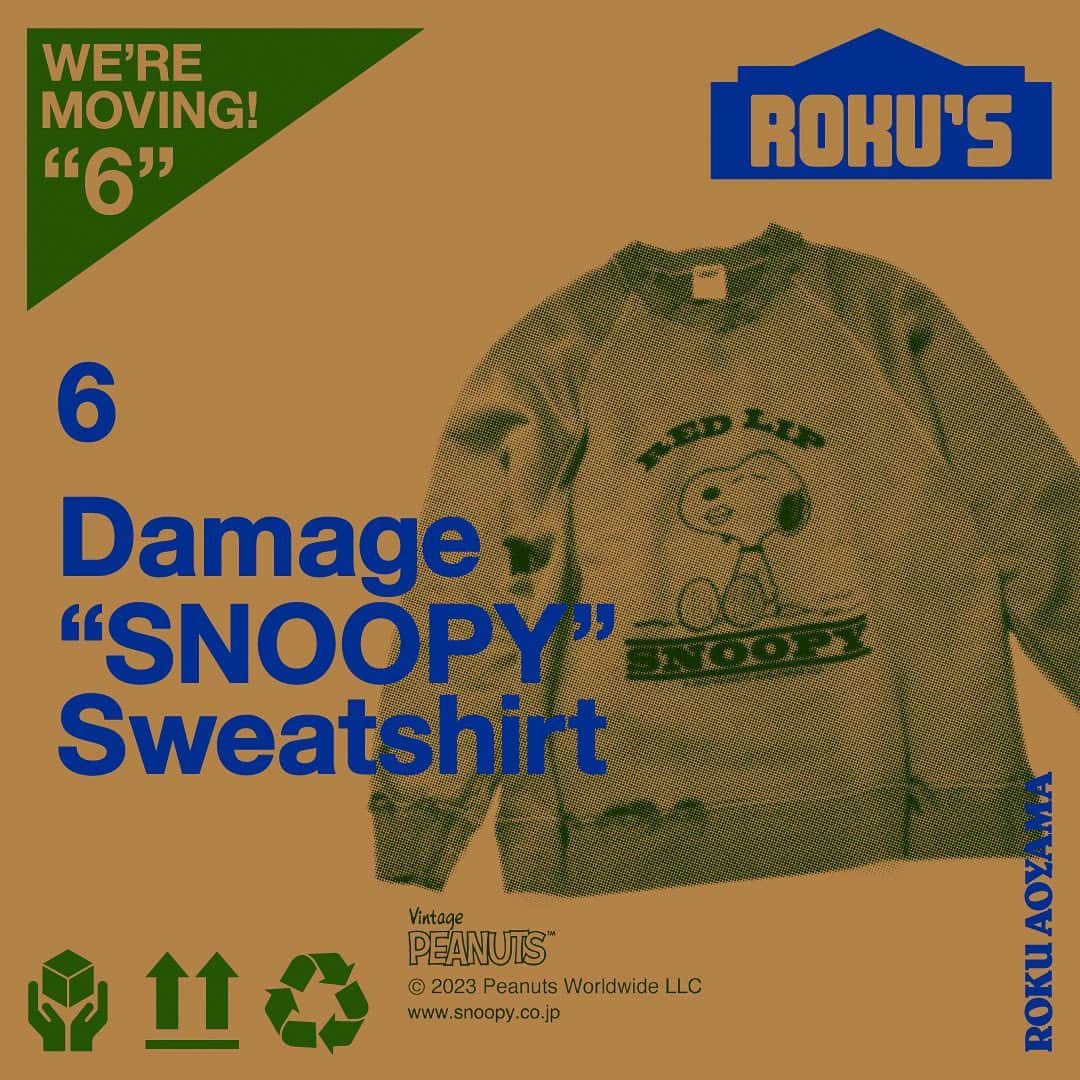 6(ROKU) OFFICIALのインスタグラム：「- 【Release 11.11～】 〈6〉DAMAGE “SNOOPY”SWEAT  リップを塗ってチュっとしているような姿が愛らしいスヌーピーのスウェットは、大人の女性でも着こなしやすい一枚に仕上げました。ダメージ加工が施されているのでビンテージ感漂う一着に。 6 AOYAMAのオープンに合わせSHINJUKU、NAGOYA、OSAKAでも同時発売。     〈6〉DAMAGE “SNOOPY”SWEAT PRICE：¥29,700 COLOR：BRICK SIZE:M/L 発売日：11月11日～ 発売店舗：6 AOYAMA/6 SHINJUKU/6 NAGOYA/6 OSAKA/Onlinestore (※Onlinestoreでの販売は11月中旬〜下旬予定です)」