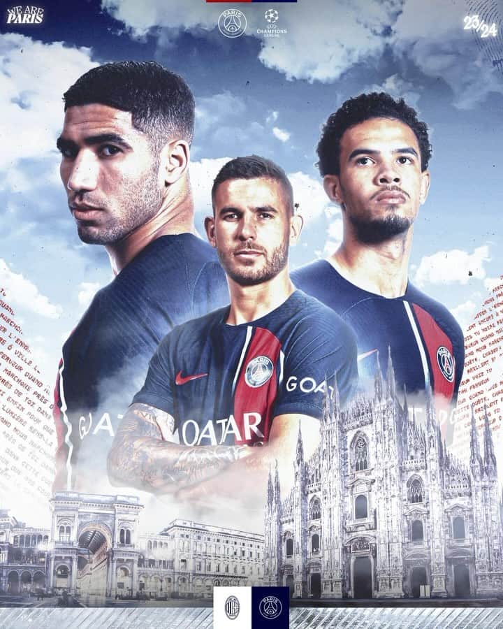 のインスタグラム：「⚽️ 𝐉𝐎𝐔𝐑 𝐃𝐄 𝐌𝐀𝐓𝐂𝐇 - 𝐌𝐀𝐓𝐂𝐇 𝐃𝐀𝐘 ⚽️  🆚 AC Milan 🏆 @championsleague  📱 #ACMPSG 🏟️ San Siro ⌚️ 21h00 CET  🔴🔵 #AllezParis」