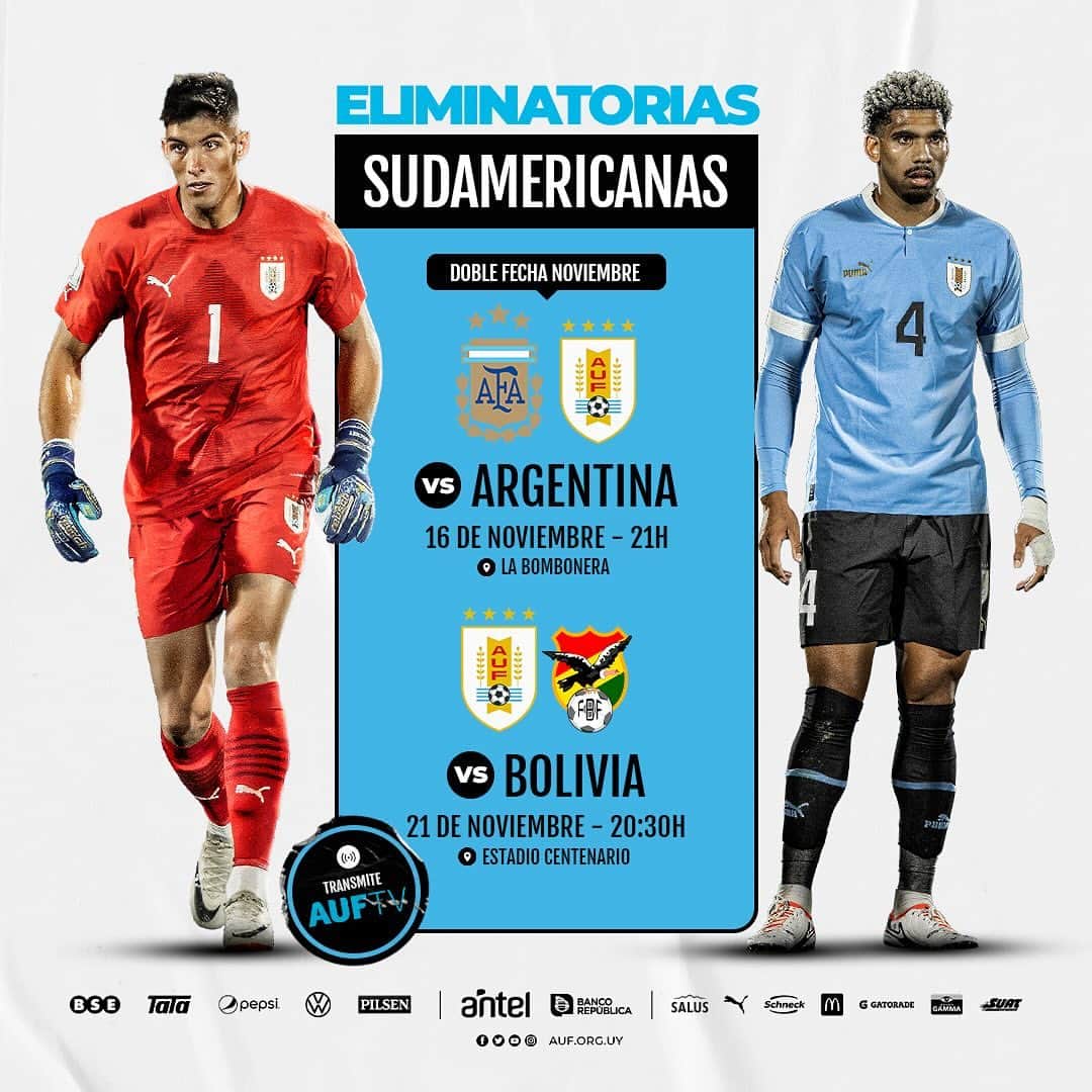 サッカー ウルグアイ代表チームのインスタグラム：「🔜 𝗘𝗟𝗜𝗠𝗜𝗡𝗔𝗧𝗢𝗥𝗜𝗔𝗦  Quinta y sexta fecha, las últimas del año.  🆚 Argentina (16/11) 🆚 Bolivia (21/11)  📺 AUF.tv  🎟️ AUFtickets.uy  #ElEquipoQueNosUne」