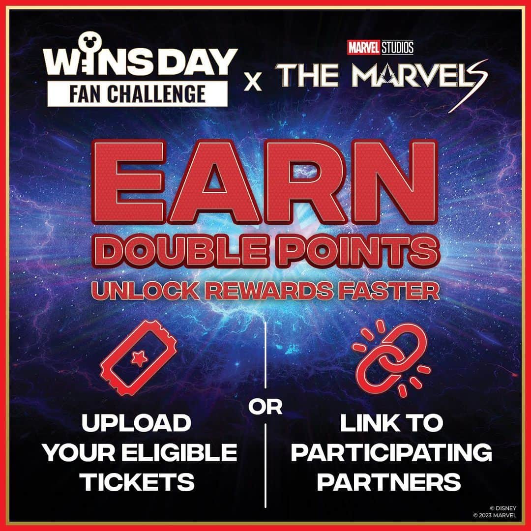 Marvel Entertainmentさんのインスタグラム写真 - (Marvel EntertainmentInstagram)「A cosmic team up. 💫 Complete this @DisneyMovieInsiders Wins Day Fan Challenge and earn up to 200 points per ticket when you see #TheMarvels, only in theaters this Friday. 💥 Learn more, link in bio.  Double Points offer valid for #TheMarvels tickets with a showtime date through 11/16/23.  Tickets must be purchased via an eligible linked exhibitor/ticket retailer or uploaded no later than 14 days following the showtime date at 11:59:59PM PT. Membership required. Visit DisneyMovieInsiders.com for Terms & Conditions.」11月8日 5時15分 - marvel