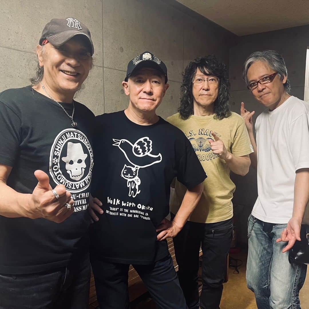 石黒彰のインスタグラム：「今日はこの4人（T.R.I）で出演するジャパメタ界の重鎮ドラマー本間（大嗣）君の還暦記念ライブ『Hirotsugu Homma 60th Birth Anniversary HIRO FEST』（11月18日川崎クラブチッタ）のリハーサルでした。いい感じにサクッと終了。本番が楽しみです！😊」