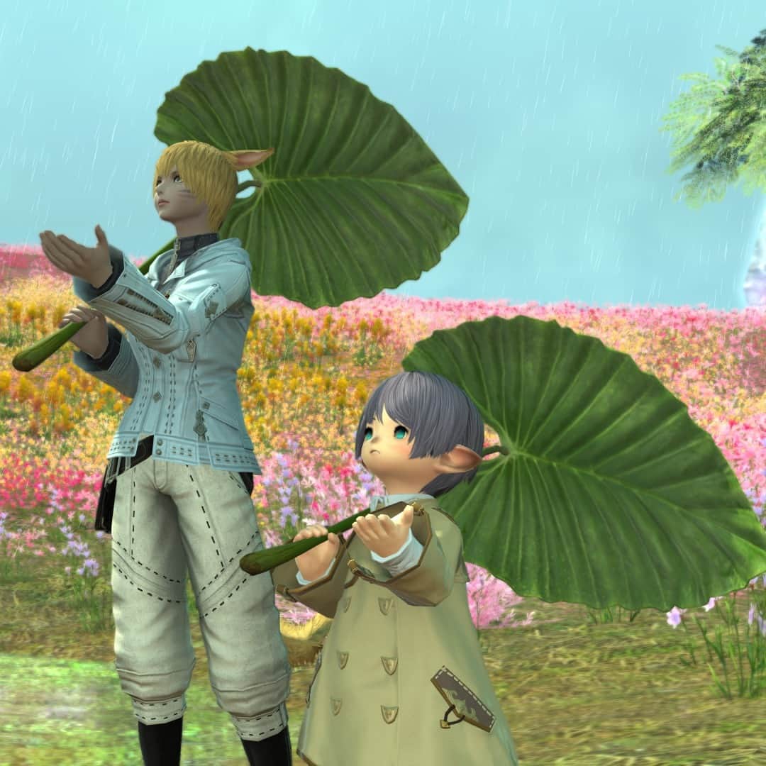 FINAL FANTASY XIVのインスタグラム：「Prepare for the rainy season with the Giant Leaf Parasol, obtainable from the newest Variant dungeon, Aloalo Island! 🍃⁣ ⁣ Have you been filling out your Aloalo Conservation Record? 📝👀⁣ ⁣ #FFXIV #FF14」