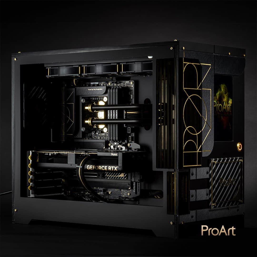 ASUSのインスタグラム：「💛Inspired by the #ProArt Z790-Creator WiFi, the alluring black case adorned with touches of gold delivers unparallelled beauty.  What's more, expect exceptional performance powered by the ProArt RTX4080.🎨🚀    Bring your visions alive with this build by @upsnef.✨ #ASUS @ProArt #pcbuild」