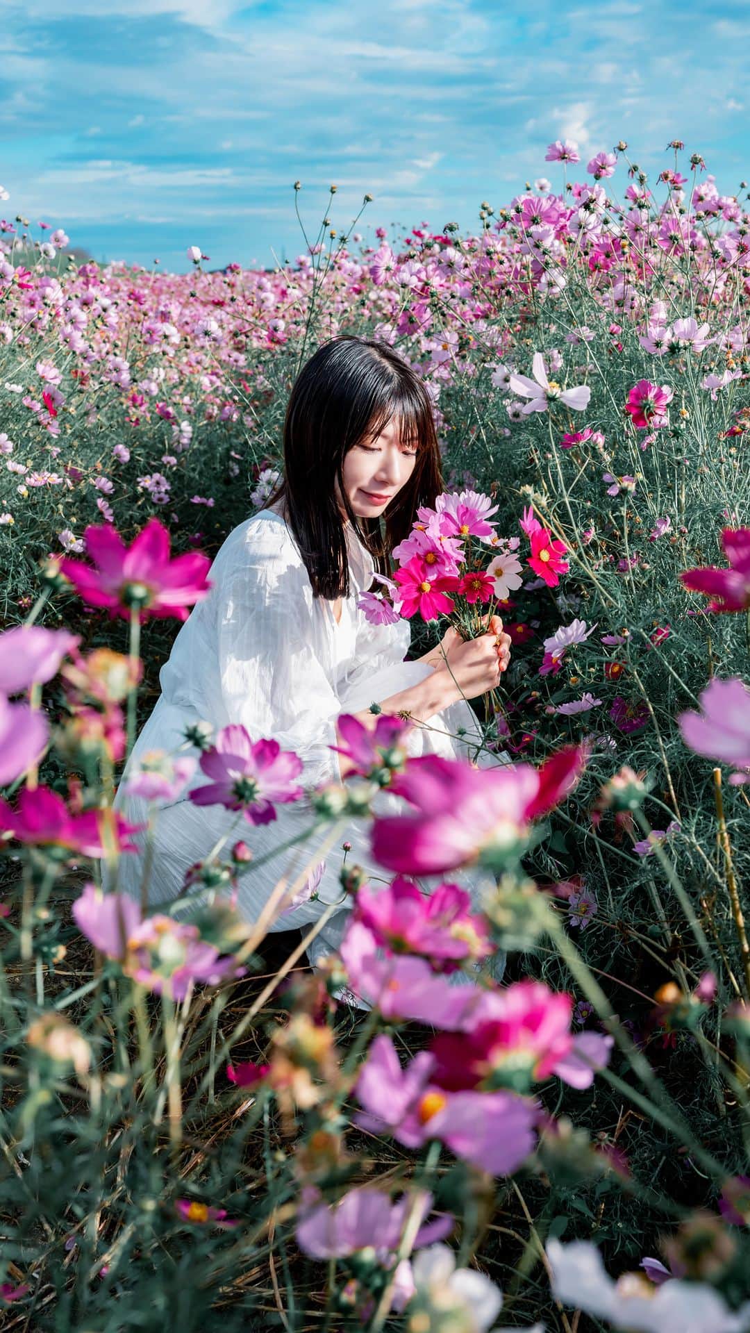 shabonのインスタグラム：「* . . . . . コスモスの時期があっという間 過ぎました🤣🌸 . それにしても11月で半袖で いられる日があるなんて びっくり😳笑 . ※ お花は摘み取りOKの時に 摘みました💐 . model : @riririii_ka_ru  . . . . . . *」