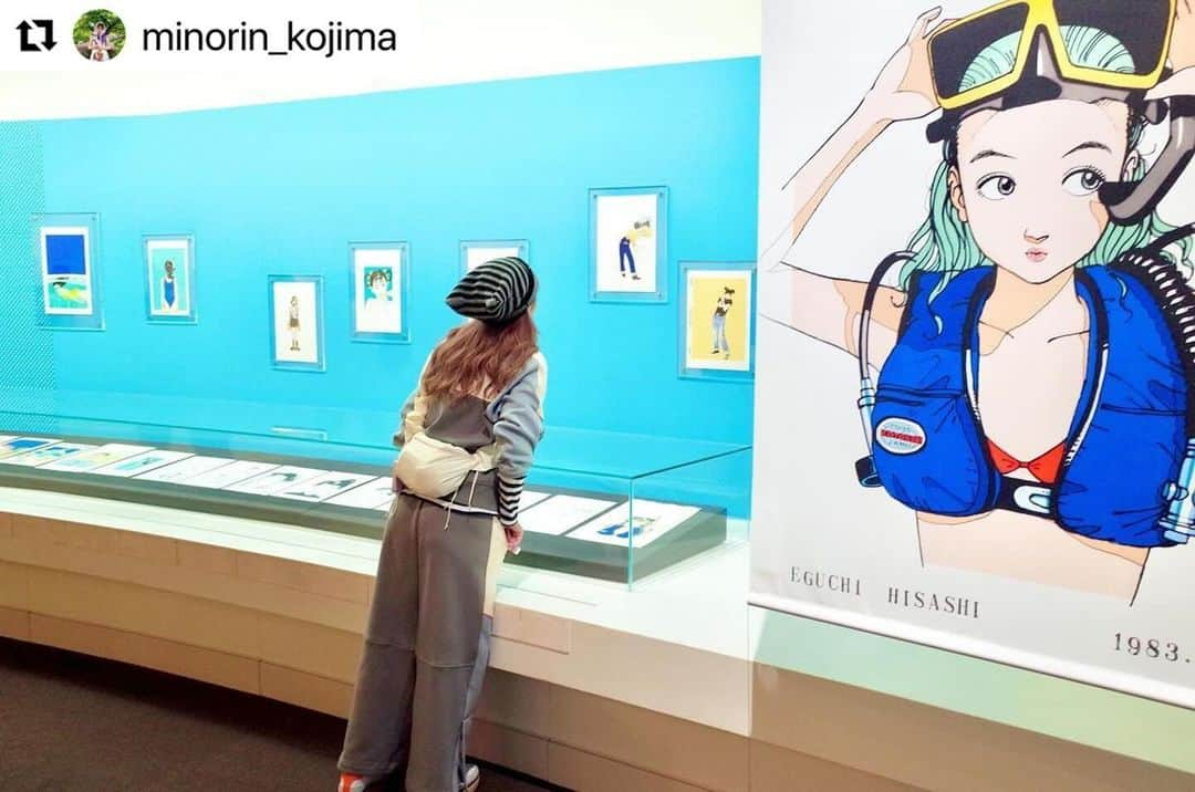 江口寿史さんのインスタグラム写真 - (江口寿史Instagram)「嬉しい感想☺️  #Repost @minorin_kojima with @use.repost ・・・ 🎨  彼に誘われて 「江口寿史 ノット・コンプリーテッド展」へ  CDジャケのイメージで止まっていた 私の江口寿史像。  瑞々しい色彩や細かくしなやかな書き込みの線、 原画から伝わるパワーとキュートさ。  帰りにはコミックスを読み漁りたくなってました📚  特に印象に残ったのが 青春時代を共に過ごしたであろうおじさま達が 原画を見て声を出して笑っていた事。  原画をちゃんと＂漫画＂として見て 笑いまで生むパワーって凄まじいよ。  PS.江口寿史セレクト館内BGM最ッ高！やりすぎです。」11月7日 22時43分 - egutihisasi