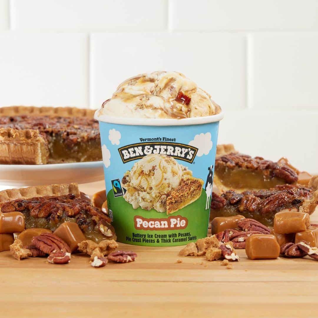 Ben & Jerry'sのインスタグラム：「Pecan pie lovers, this one's for you! 🥧 Look for NEW Pecan Pie in freezers near you for a limited time!  Find it near you at the link in our bio.」