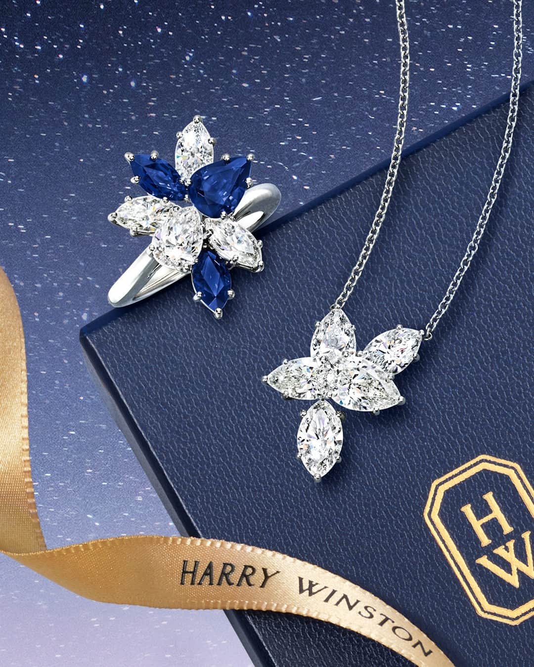 ハリー・ウィンストンのインスタグラム：「Winston Cluster jewels recall the wondrous glow of a starry winter night sky. Tap the link in bio to share sparkling moments with your loved ones this year. #WinstonCluster #WinstonWishes #HarryWinston」