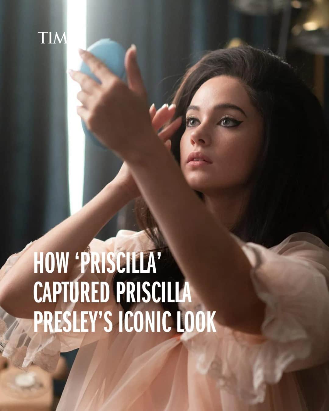 TIME Magazineのインスタグラム：「Before Priscilla Presley became Priscilla Presley—the Queen of Graceland glamor icon known for her skyhigh beehive, sophisticated shift dresses, and dramatic cat eye—she was Priscilla Beaulieu, a fresh-faced teen sporting a simple ponytail.   Sofia Coppola’s #Priscilla, now out, traces Priscilla Presley’s transformation from ingénue into a figure who became synonymous with style over the course of her relationship with Elvis Presley. Priscilla’s journey from schoolgirl to wife to mother—all by the age of 23—is mirrored by the changes in her appearance.  At the link in bio, learn how makeup department head Jo Ann MacNeil and hair department head Cliona Furley were able to capture—and recreate—Presley's iconic look.  Photograph by A24」