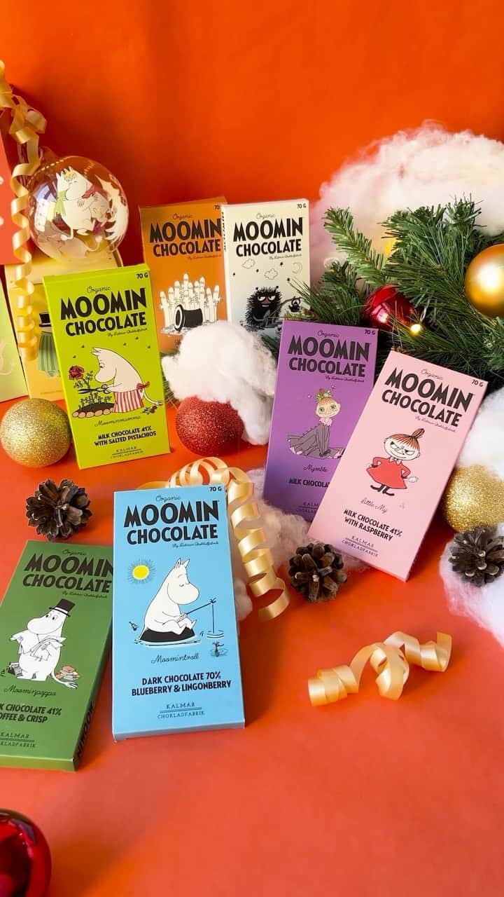 ムーミンのインスタグラム：「Have you tried the organic Moomin chocolates by Kalmar? 🍫 😍 Seven delicious bars featuring the Moomins, making every bite an adventure... Welcome to the Moomin Shops to get your perfect match. ❤️ Link in bio to order your favourite.  Which flavour are you craving today? 🍬✨  #moominofficial #moomin」