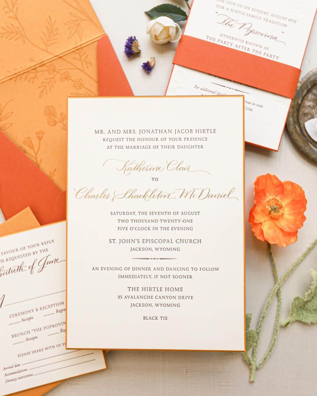Ceci Johnsonさんのインスタグラム写真 - (Ceci JohnsonInstagram)「WEDDING | Presenting our couture invitation for Kacey and Charlie’s Jackson Hole, Wyoming wedding featuring the warm color of autumn. Hand-stained wood, brown and gold foil letterpress on 4-ply luxe paper, with a custom-converted envelope. #CeciCouture ⠀⠀⠀⠀⠀⠀⠀⠀⠀ Visit our last post to see the beautiful wedding reception that went with this invitation design. ⠀⠀⠀⠀⠀⠀⠀⠀⠀ CREATIVE PARTNERS:  Invitation Design: @cecinewyork Event Planner: @augustacole Event Designer: @david_stark_design ⠀⠀⠀⠀⠀⠀⠀⠀⠀ #cecinewyork  #invitationsuite  #autumnvibes  #autumninvitations  #wyomingwedding  #orangeinvitations  #letterpress  #luxuryinvitations」11月7日 23時59分 - cecinewyork