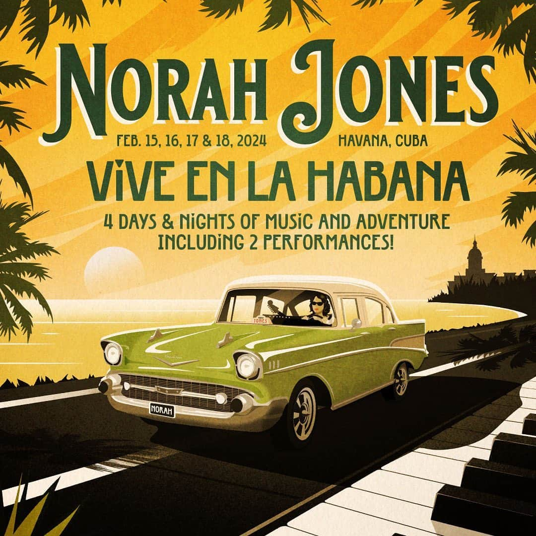 ノラ・ジョーンズのインスタグラム：「Excited to be going to #Cuba for the first time as part of a cultural & educational exchange! I look forward to learning more of the country’s rich musical heritage and sharing my music through two shows at the historic Teatro Martí on February 17th and 18th. Details & registration: norahinhavana.com  Norah Jones: Vive En La Habana registration includes:  - 2 concerts by Norah Jones and her band on February 17th & 18th at the historic Teatro Martí  - 4 days and nights at the Hotel Grand Aston in the heart of Old Havana  - Soundcheck Q&A session with Norah exclusively with our group at Teatro Martí  - A limited edition event poster personally signed by Norah  - Sit in on a Masterclass by Norah and musicians for Cuban music students at the Instituto Superior De Artes (ISA), the Arts Graduate school in Havana  - Enjoy a classic American convertible tour of Havana and a walking tour of Old Havana  - Experience a concert by the legendary Cuban musical act, Síntesis, at Fabrica De Artes, Havana’s renowned nightclub and cultural center  - Savor a concert by Alain Pérez, Cuba’s foremost Salsa band leader at Casa De La Musica, the home of salsa music in Havana  - Delight in dinners at Havana’s finest restaurants including La Guarida, Cocinero, Atelier, and Il Carbon」