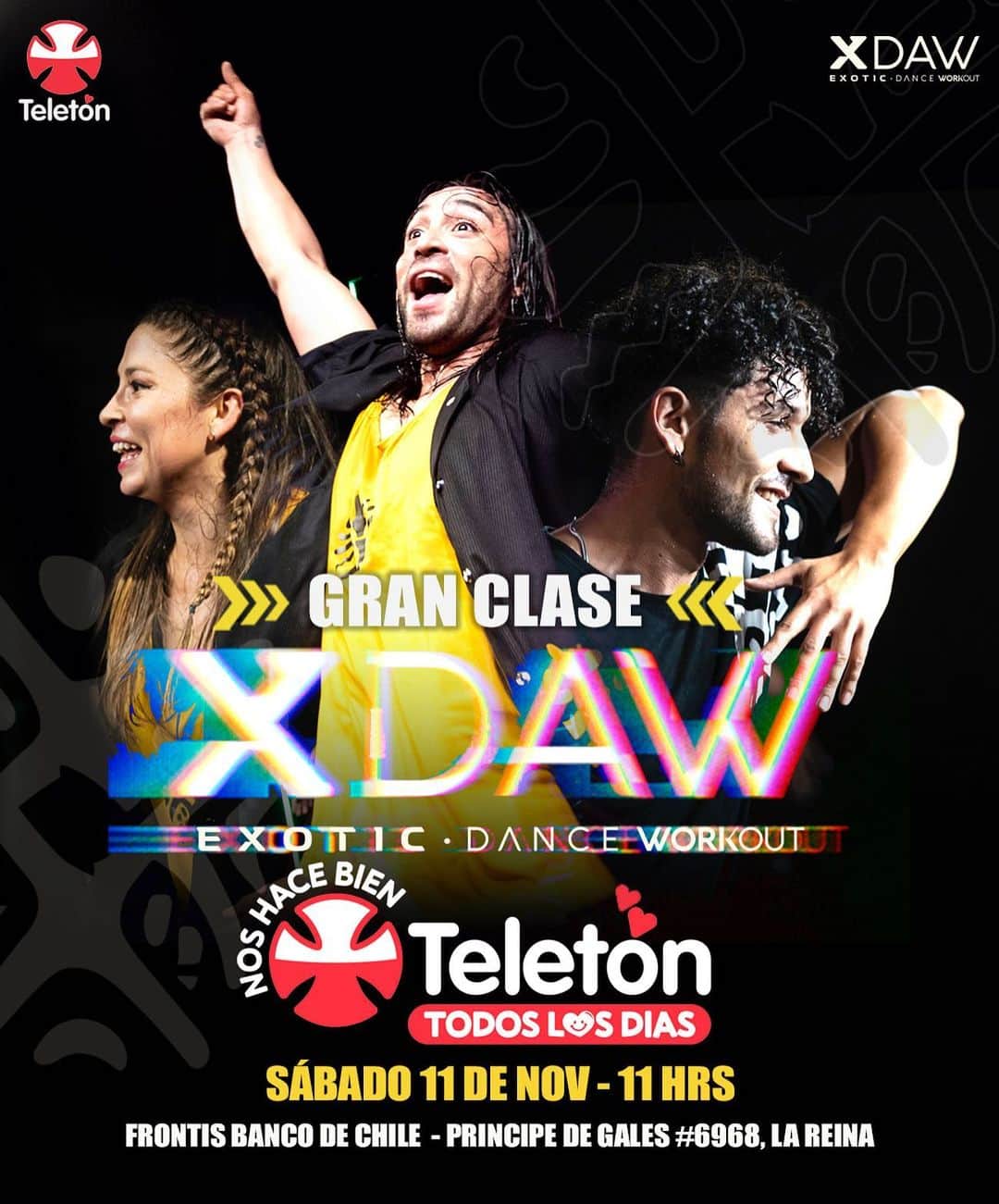 クラウディオ・リースのインスタグラム：「Hola a toda nuestra comunidad #Xdaw  Quiero contarles que este sábado 11 de nov a las 11 de la mañana estaré junto a @leesreyes y @maverick_xdaw dictando una gran clase de @xdawprogram GRATIS en ayuda de @teleton_chile   Estaremos en el frontis del @bancodechile  comuna La Reina, en la imagen está la dirección!   Para participar solo debes presentarte ese día y listo a Bailar!!!   Participa con toda tu familia!  Estará muy exótica la jornada!!   Te esperamos !!   #teleton #xdaw #klaudioreies #xdawchile」