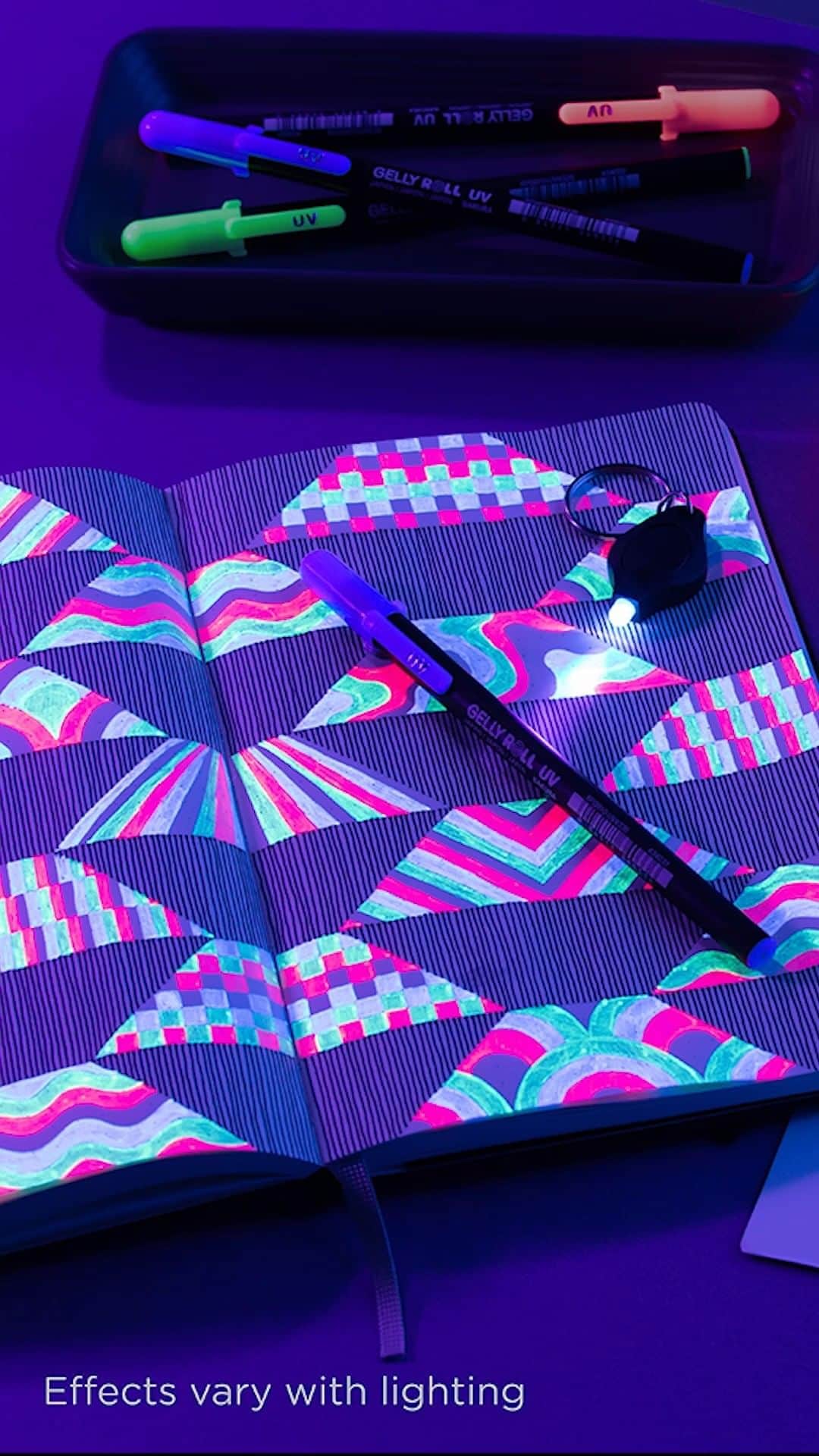 Sakura of America（サクラクレパス）のインスタグラム：「Big news, Sakura Friends: we are excited to announce the first UV-visible gel ink pen, Gelly Roll UV! Add a magical touch to any artwork or writing with three luminous ultraviolet gel ink colors and turn every project into a radiant masterpiece.  Our UV ink dries clear and can be seen only under UV light, where the ink glows beautifully in red, blue, and green! Leave secret notes, hide exciting details in your artwork and doodles, create hidden clues for mystery parties or scavenger hunts, and so much more.   Visit the link in our bio to learn all about new Gelly Roll UV! 🎨 : @michiko_design」