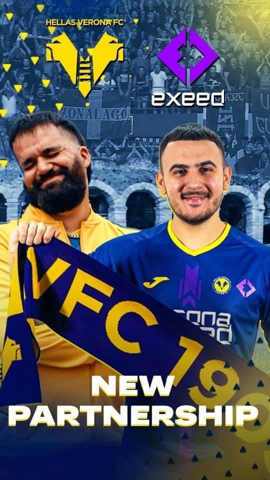 エラス・ヴェローナFCのインスタグラム：「È alle porte la stagione competitiva 2023/24 e siamo pronti ad affrontarla in modo totalmente rinnovato!  🤝 Nuova partnership: Verona | Exeed  🎮 Un roster di livello internazionale:  @obrun2002 Top 3 mondiale e @hollywood285 coach eNazionale e Content Creator of the year 2022 sono pronti a farci vivere grandi emozioni! 💛💙💜 ___________________________ #DaiVerona #TimeToExeed #FC24 #VeronaExeed #HellasVerona #Exeed #Esports」