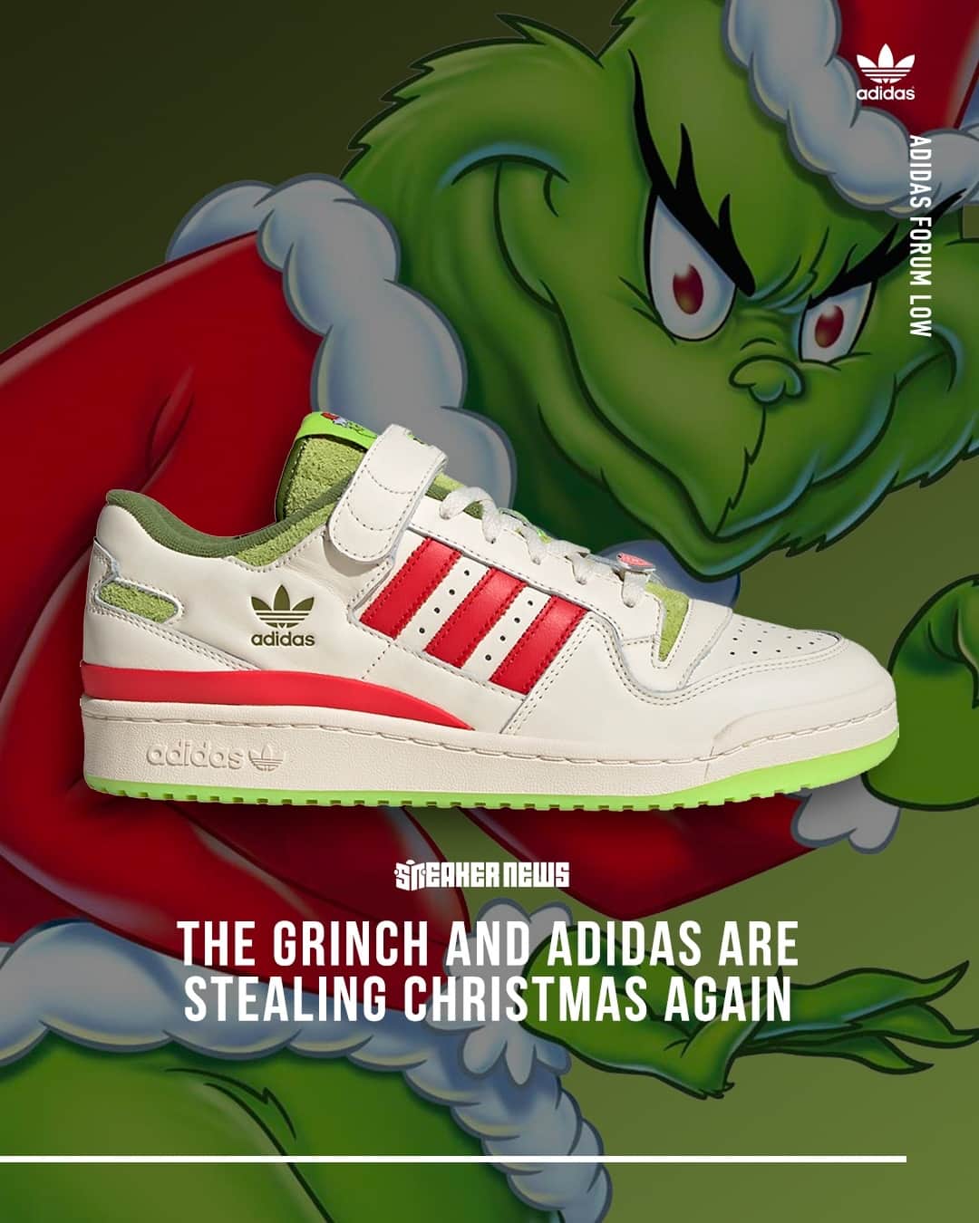 Sneaker Newsさんのインスタグラム写真 - (Sneaker NewsInstagram)「Christmas is in danger.⁠ The adidas Forum Low "Grinch" is back this December ahead of the holiday; three colorways are expected to release. LINK IN BIO for more details.」11月8日 2時03分 - sneakernews