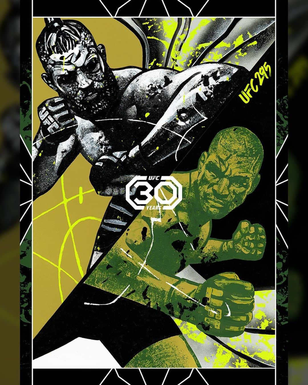 UFCのインスタグラム：「Fighting for light heavyweight gold! 🏆  The #UFC295 Artist Series poster is officially here!  [ 🎨: @giangalang | Grab the t-shirt now, only available from @UFCStore ]」