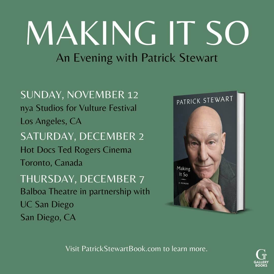 パトリック・スチュワートのインスタグラム：「After our sold out run in October, I am pleased to share a few new #MakingItSo events this year! You can see me in Los Angeles *this* Sunday, San Diego on December 7, and Toronto, Canada (!!) on Saturday, December 2!    Find ticket information at PatrickStewartBook.com.   -Los Angeles with @VultureFestival: Sunday, November 12 - ON SALE NOW | Link In Story   -Toronto with @hotdocs_ : Saturday, December 2 - ON SALE NOV 9 (Hot Doc Members Pre-Sale On Now)  -San Diego with @ucsandiego at @sdbalboatheatre: Thursday, December 7 - ON SALE NOV 13」