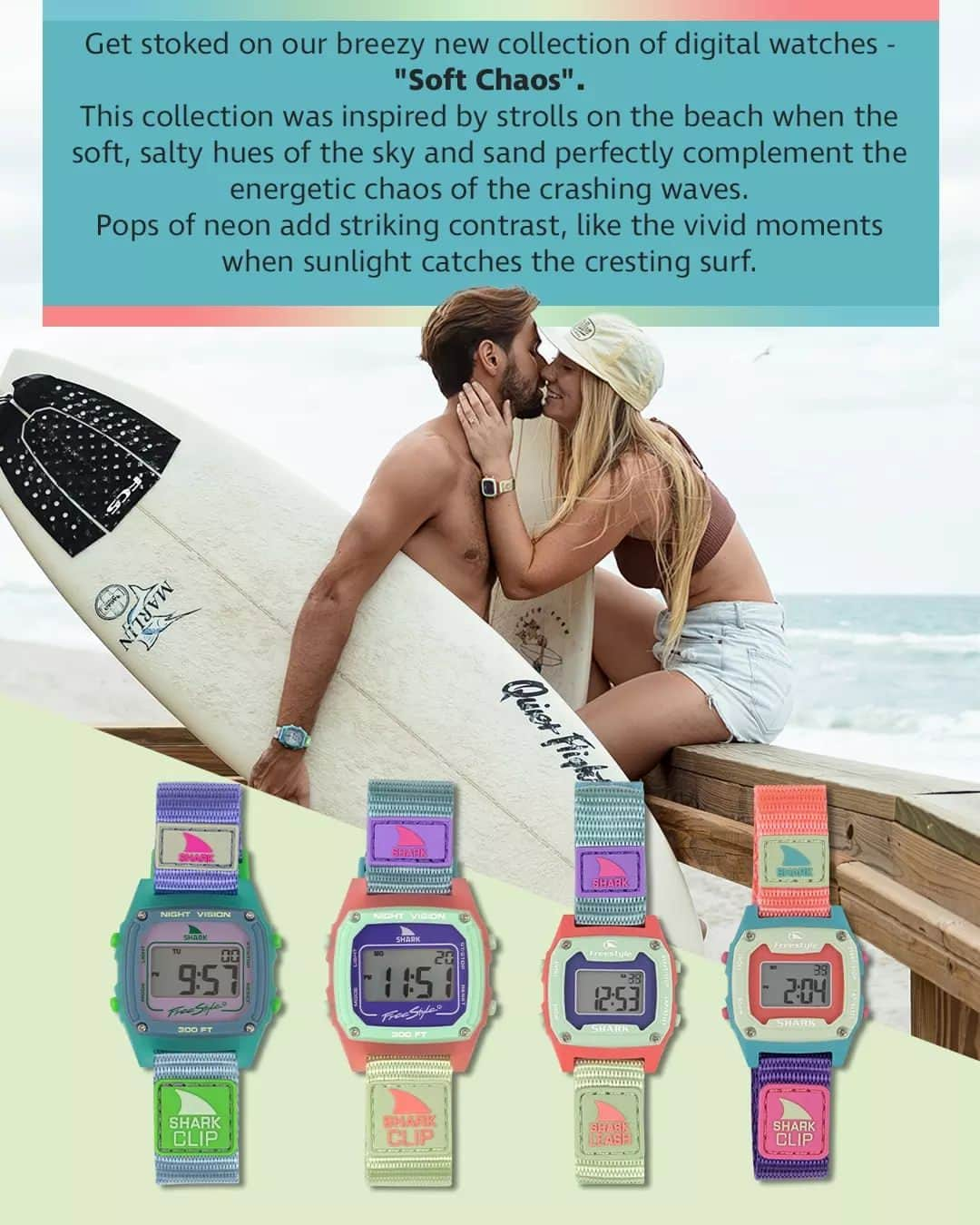 フリースタイルさんのインスタグラム写真 - (フリースタイルInstagram)「Get stoked 🤙 on our breezy new collection of digital watches - "Soft Chaos". This collection was inspired by strolls on the beach when the soft, salty hues of the sky and sand perfectly complement the energetic chaos of the crashing waves 🌊 Pops of neon add striking contrast, like the vivid moments when sunlight ☀️ catches the cresting surf 🏄‍♂️. Slip on one of these watches when you want to channel laidback coastal vibes, even if you're far from the tide 🌊  _ #myfreestylewatch #wristcandy #beachvibes #neon #surfsup #watchoftheday #watchcollector #watchlover #watchobsessed #saltlife #coastalvibes #beachbum #80saesthetic」11月8日 2時38分 - freestylewatches