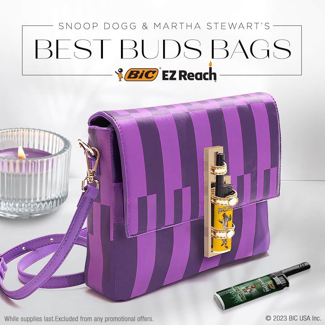 スヌープ・ドッグのインスタグラム：「#BICPartner U ready🔥 My best bud @marthastewart48 and I are excited to announce our limited edition bags, ft. a custom latch to keep ya BIC EZ Reach lighter from bein “borrowed” n secret pockets inside. 🎶 Checc it b4 it drops 11/9 on BIC.com. @biclighter」