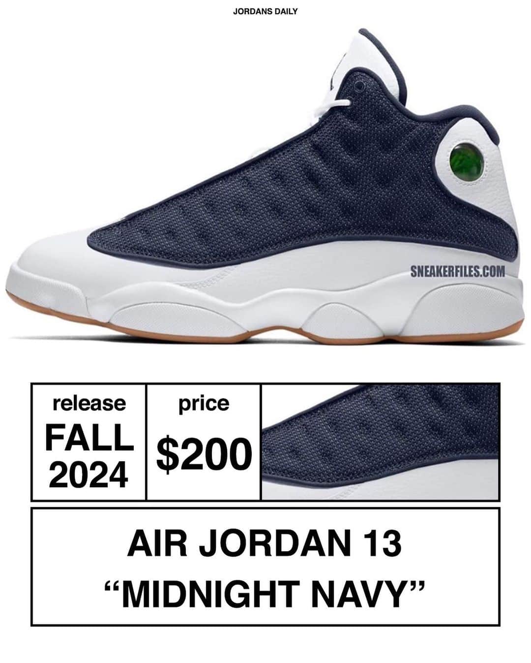 Sneaker News x Jordans Dailyのインスタグラム：「The Air Jordan 13 "Midnight Navy" is expected to release during Fall 2024. Are these a COP or PASS!? For more details, tap the link in the bio!」