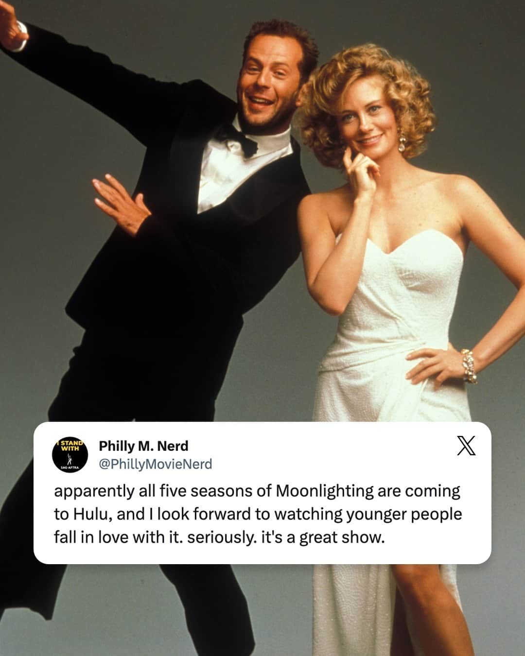 Hulu Home of Emmy-winningさんのインスタグラム写真 - (Hulu Home of Emmy-winningInstagram)「Bruce Willis and Cybill Shepherd in the ’80s. What more could you ask for? This is your sign to stream #Moonlighting, exclusively on Hulu.」11月8日 3時00分 - hulu