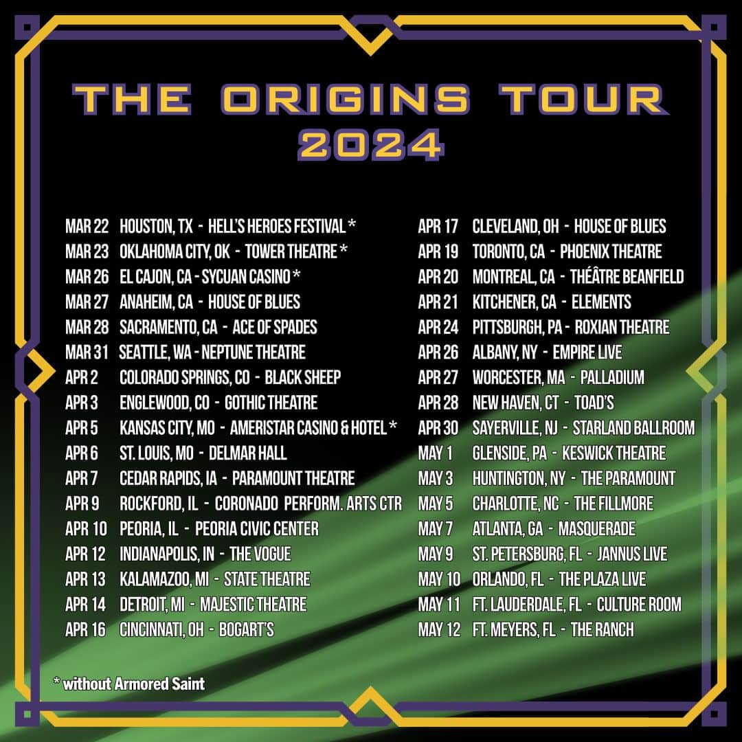 Queensrycheさんのインスタグラム写真 - (QueensrycheInstagram)「📣 QUEENSRYCHE announce ‘The Origins Tour’ featuring special guests Armored Saint!!  "We are thrilled to bring to you 'The Origins Tour'! This will be the first time in Queensryche's history that the EP and The Warning will be performed live in their entirety!  And to make this an even more stellar tour, we are so excited that our great friends and legendary metallers @thearmoredsaint will be joining us as direct support! We are all proud to bring you this touring package and we can't wait to see you on the road!  Join us for this unique and very special experience, as we celebrate the origins of Queensryche.  Take Hold!"  TICKETS ON SALE FRIDAY NOV 10th, 2023:  Mar 22 - Hell’s Heroes Festival * - Houston, TX USA Mar 23 - Tower Theatre * - Oklahoma City, OK USA Mar 26 - Sycuan Casino * - El Cajon, CA USA Mar 27 - House of Blues - Anaheim, CA USA Mar 28 - Ace of Spades - Sacramento, CA USA Mar 31 - Neptune Theatre - Seattle, WA USA Apr 2 - Black Sheep - Colorado Springs, CO USA Apr 3 - Gothic Theatre - Englewood, CO USA Apr 5 - Ameristar Casino & Hotel * - Kansas City, MO USA Apr 6 - Delmar Hall - St Louis, MO USA Apr 7 - Paramount Theatre - Cedar Rapids, IA USA Apr 9 - Coronado Performing Arts Center - Rockford, IL USA Apr 10 - Peoria Civic Center - Peoria, IL USA Apr 12 - The Vogue - Indianapolis, IN USA Apr 13 - State Theatre - Kalamazoo, MI USA Apr 14 - Majestic Theatre - Detroit, MI USA Apr 16 - Bogart’s - Cincinnati, OH USA Apr 17 - House of Blues - Cleveland, OH USA Apr 19 - Phoenix Theatre - Toronto - CA Apr 20 - Théâtre Beanfield - Montreal - CA Apr 21 - Elements - Kitchener - CA Apr 24 - Roxian Theatre - Pittsburgh, PA USA Apr 26 - Empire Live - Albany, NY USA Apr 27 - Palladium - Worcester, MA USA Apr 28 - Toad’s - New Haven, CT USA Apr 30 - Starland Ballroom - Sayreville, NJ USA May 1 - Keswick Theatre - Glenside, PA USA May 3 - The Paramount - Huntington, NY USA May 5 - The Fillmore - Charlotte, NC USA May 7 - Masquerade – Atlanta, GA USA May 9 - Jannus Live - St. Petersburg, FL USA May 10 - The Plaza Live – Orlando, FL USA May 11 - Culture Room - Ft. Lauderdale, FL USA May 12 - The Ranch - Ft. Meyers, FL USA *no ARMORED SAINT」11月8日 3時00分 - queensrycheofficial