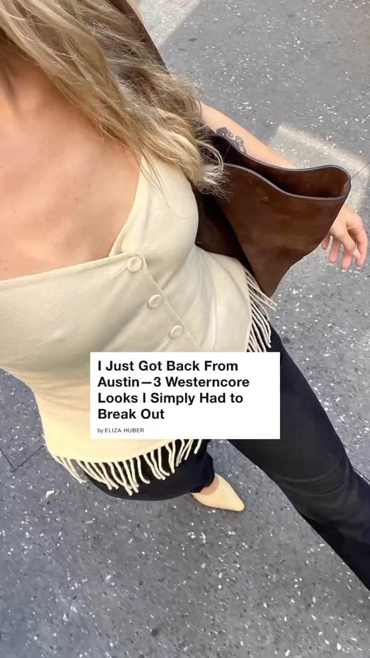WHO WHAT WEARのインスタグラム：「From fringe and suede to unironic cowboy hats, there’s no denying that Western fashion is everywhere right now. While in Austin, Texas for the Formula One U.S. Grand Prix, fashion editor @elizagracehuber test drove Americana-themed ensembles and documented the results. See how she styled the Westerncore trend and shop fashion finds tied to the aesthetic at the link in our bio. photos: @elizagracehuber」