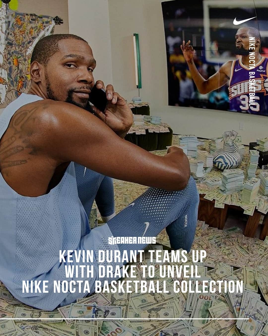 Sneaker Newsさんのインスタグラム写真 - (Sneaker NewsInstagram)「@easymoneysniper 🤝 @champagnepapi⁠ Kevin Durant teams up with Drake to unveil the Nike NOCTA Basketball Collection. LINK IN BIO for a look at the full set (it drops tonight).」11月8日 3時55分 - sneakernews