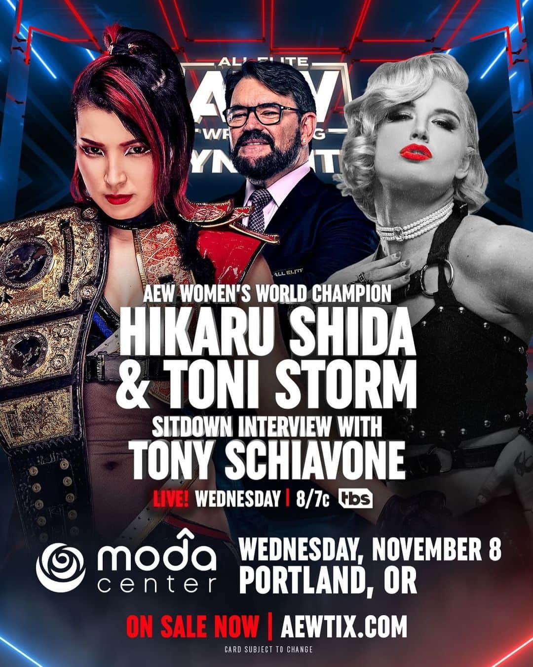 トニー・ストームのインスタグラム：「TOMORROW, 11/8 @ModaCenter |🎟️AEWTIX.com #AEWDynamite LIVE | 8/7c | TBS  @tonyschiavone24 interviews AEW Women's World Champ @shidahikaru + Timeless @tonistorm_ ahead of their #AEWFullGear Title Fight!   (Ms. Storm will only appear if we film her in black & white)」