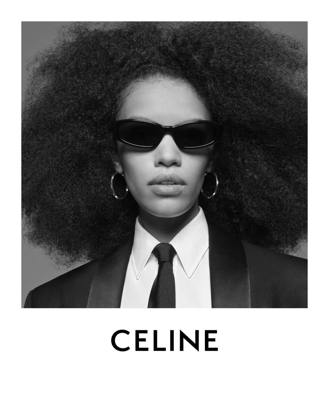 Celineのインスタグラム：「LA COLLECTION DES GRANDS CLASSIQUES 07  CELINE TAILORING CELINE BLACK TIE  CELINE BOLD RECTANGULAR SUNGLASSES  COLLECTION AVAILABLE NOW IN STORES AND ON CELINE.COM  KUKUA @HEDISLIMANE PHOTOGRAPHY AND STYLING PARIS SEPTEMBER 2023  #CELINEBYHEDISLIMANE」