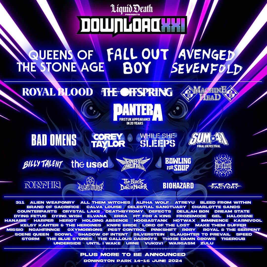 Sum 41のインスタグラム：「We're coming back to @downloadfest one last time! See you June 14-16, 2024 in Derby, UK. Tickets go on sale Thursday, November 9th at 9pm at downloadfestival.co.uk. #DLXXI」