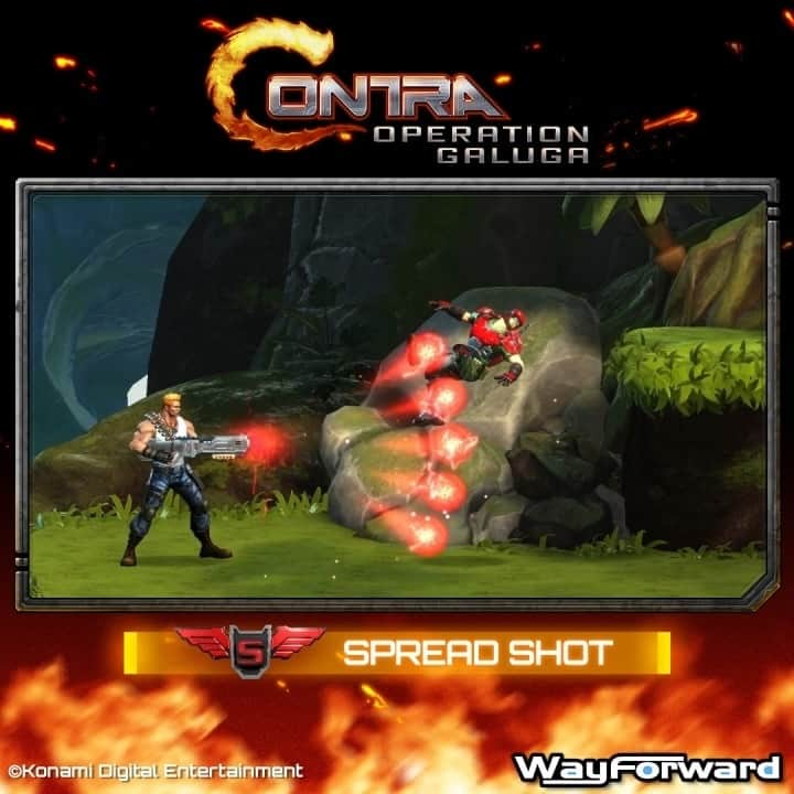 KONAMIのインスタグラム：「A must-have for any Contra soldier's arsenal, the Spread Shot fires three bullets at once for maximum devastation.   Power it up to fire 5 shots at once, or Overload it for a ricocheting bullet barrage!   #Contra: Operation Galuga arrives in early 2024!」