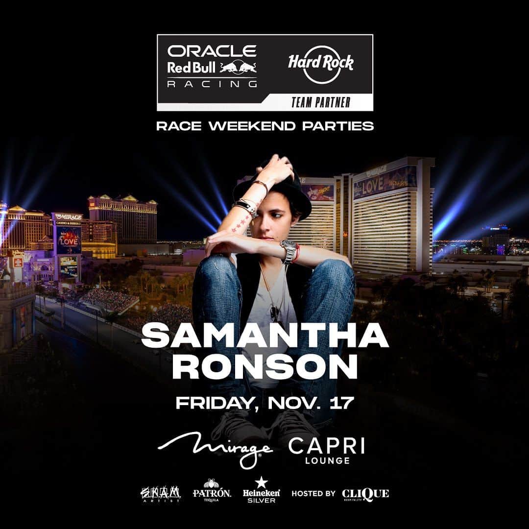 サマンサ・ロンソンのインスタグラム：「Come play with me in Las Vegas for the first time in FOREVER! Link for tickets in stories. @themiragelv @redbullracing #dj #vegas #skam ⭐️⭐️⭐️⭐️⭐️⭐️⭐️」