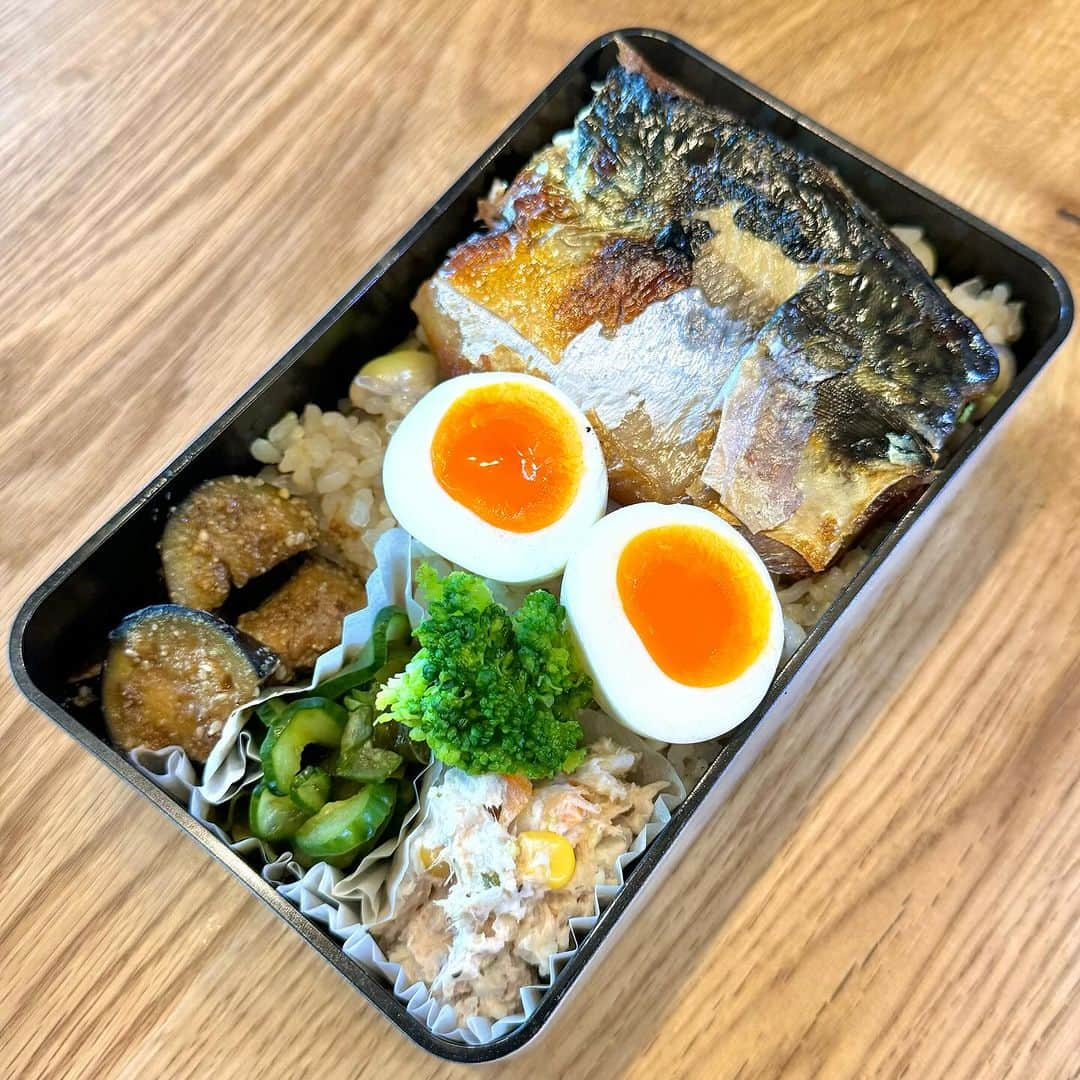 おちあやこのインスタグラム：「今日の夫弁当。  塩サバ弁当、ファイナルです。  ご飯には丹波の黒枝豆が混ぜ込んであります。  作り置きの 里芋サラダ、きゅうりとワカメの酢の物 ↑ なかなか無くならん  今日はナスの甘辛ゴマ炒めが仲間入り  あとはゆで卵  いつもの、安定の塩サバ。一応ファイナルです。  さて、ハッシュタグあと何日でカウントしてきたのですが、 #あと3日　となりました。  何があと3日かと言うと、この夫弁当が。です。  この度、夫が新しいステップに進むことを決意し、 15年お世話になった会社を退職することにしました。  長くない昼休みに、 いちいち外に食べに出なくていいように 何より、外食代や弁当代がもったいね〜と言う理由で （夫のカラダを気遣ってとか言わんのかい）  半ば意地になって続けてきたこの夫弁当も、 今日を含めあと3日で終わりです。  映えもしない、毎日の日課の様な弁当づくりをInstagramにアップするのは、まさにその意地を持続させるためでもありました。  ほんで、何よりコメントにも励まされました♪ ありがとうございましたーっ！  まだ長い人生の折り返しに差し掛かったぐらいなので、 毎日弁当を作る日がくるかと思います。 そん時はもっと映える😅弁当作れるように日々精進します。  とは言え あと残り2日は夫弁当が続きますので お付き合いくだされば幸いですねんねん。  #今日の夫弁当 #今日のお弁当 #お弁当 #弁当記録 #あと3日 #休み返上」