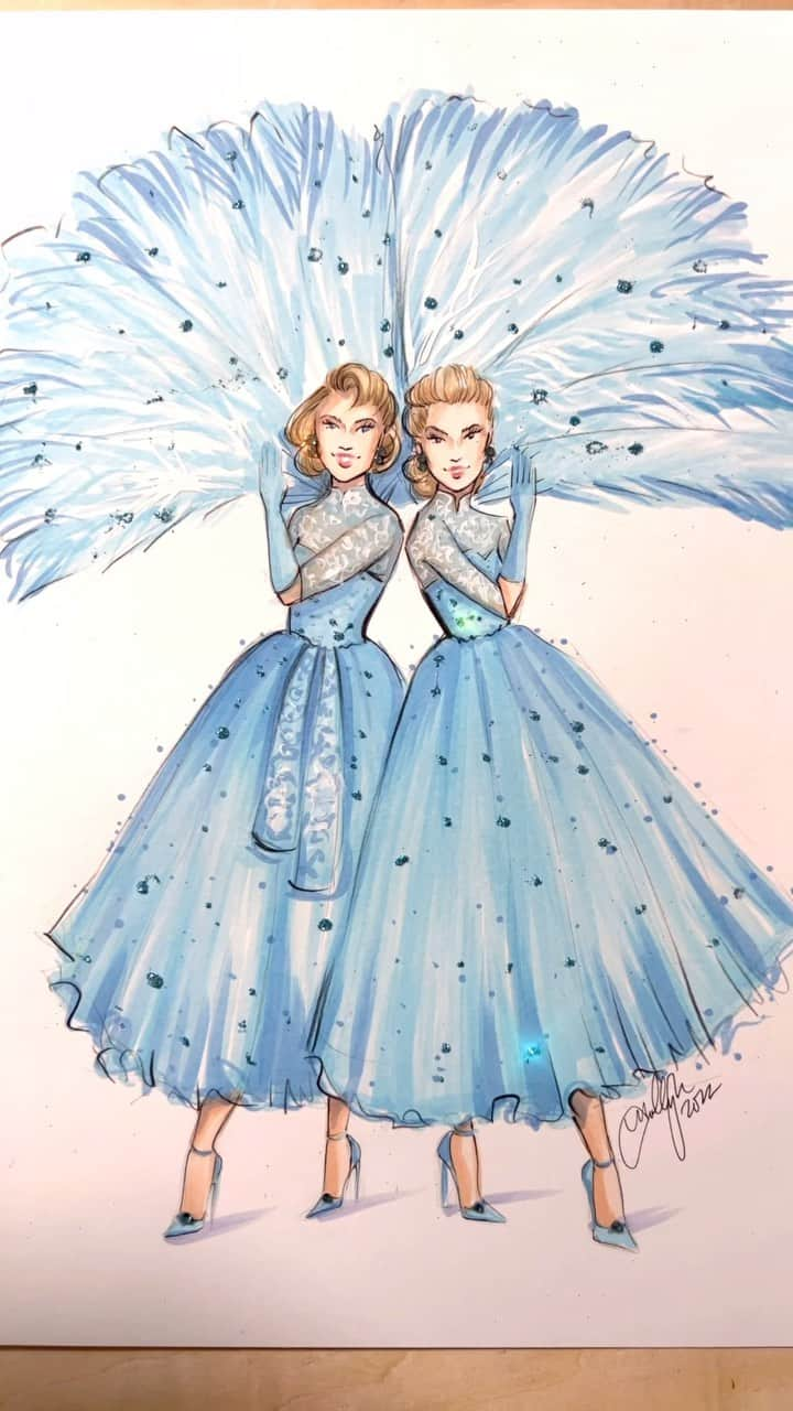 Holly Nicholsのインスタグラム：「Everyone’s favorite sisters are back in stock 💎💙 shop on my Etsy! #whitechristmas #fashionillustration #asmr #christmas #illustration #rosemaryclooney #veraellen」