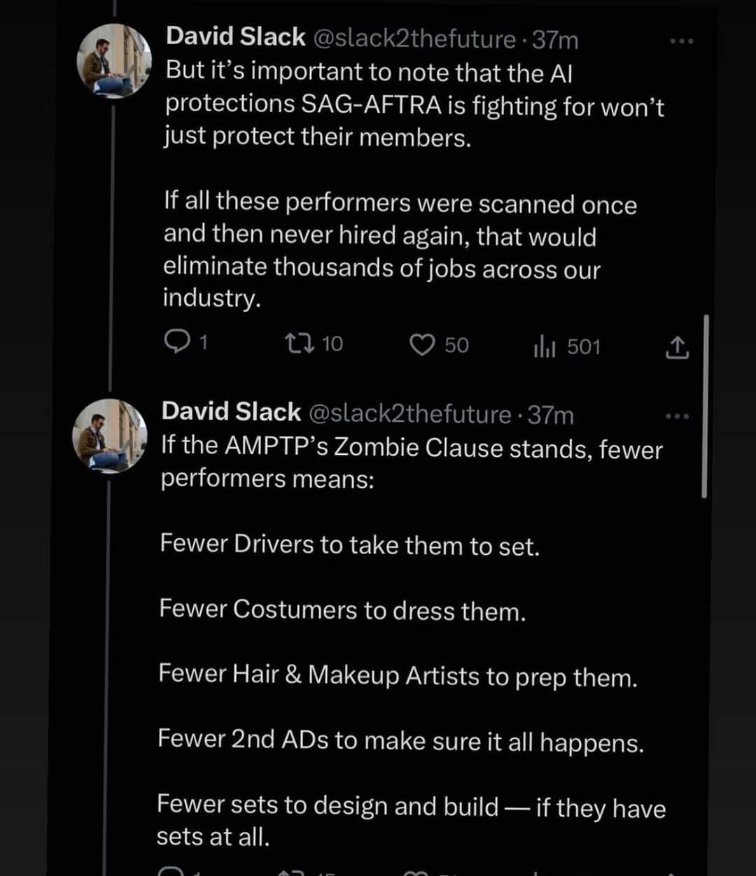 ジョン・ロス・ボウイのインスタグラム：「There has been a lot of discussion regarding the #sagaftrastrike, and a lot of legitimate grievances by IATSE members who feel like they are being ignored. But it’s important to keep in mind, that if SAG-AFTRA loses the battle, particularly the battle for AI protections, the whole industry is up the creek. H/t to @paulscheer for reposting this piece by the TV writer David Slack. #sagaftra #sagaftrastrong #livebetterworkunion」