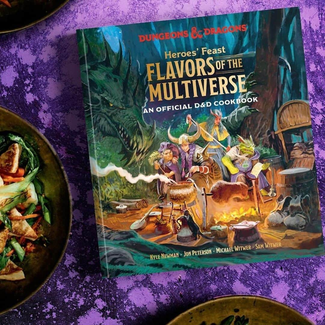 カイル・ニューマンのインスタグラム：「MY NEW BOOK — HEROES’ FEAST: FLAVORS OF THE MULTIVERSE: AN OFFICIAL DUNGEONS & DRAGONS COOKBOOK is out now!! I am so proud of this one, it’s a cookbook…and much, much more! Nearly 80 new exotic recipes, sumptuous food photography, otherworldly locales, original art, a planet-hopping narrative and lore galore. There are dishes for cooks all skill levels with exciting ideas to bring new immersion to your game night. I promise you — the book is NEXT LEVEL and the perfect holiday gift for fans of D&D, fantasy and cooking. And don’t miss the @barnesandnoble exclusive cover!#dnd #dungeonsanddragons #rpg #cookbook #gift #holidaygifts」