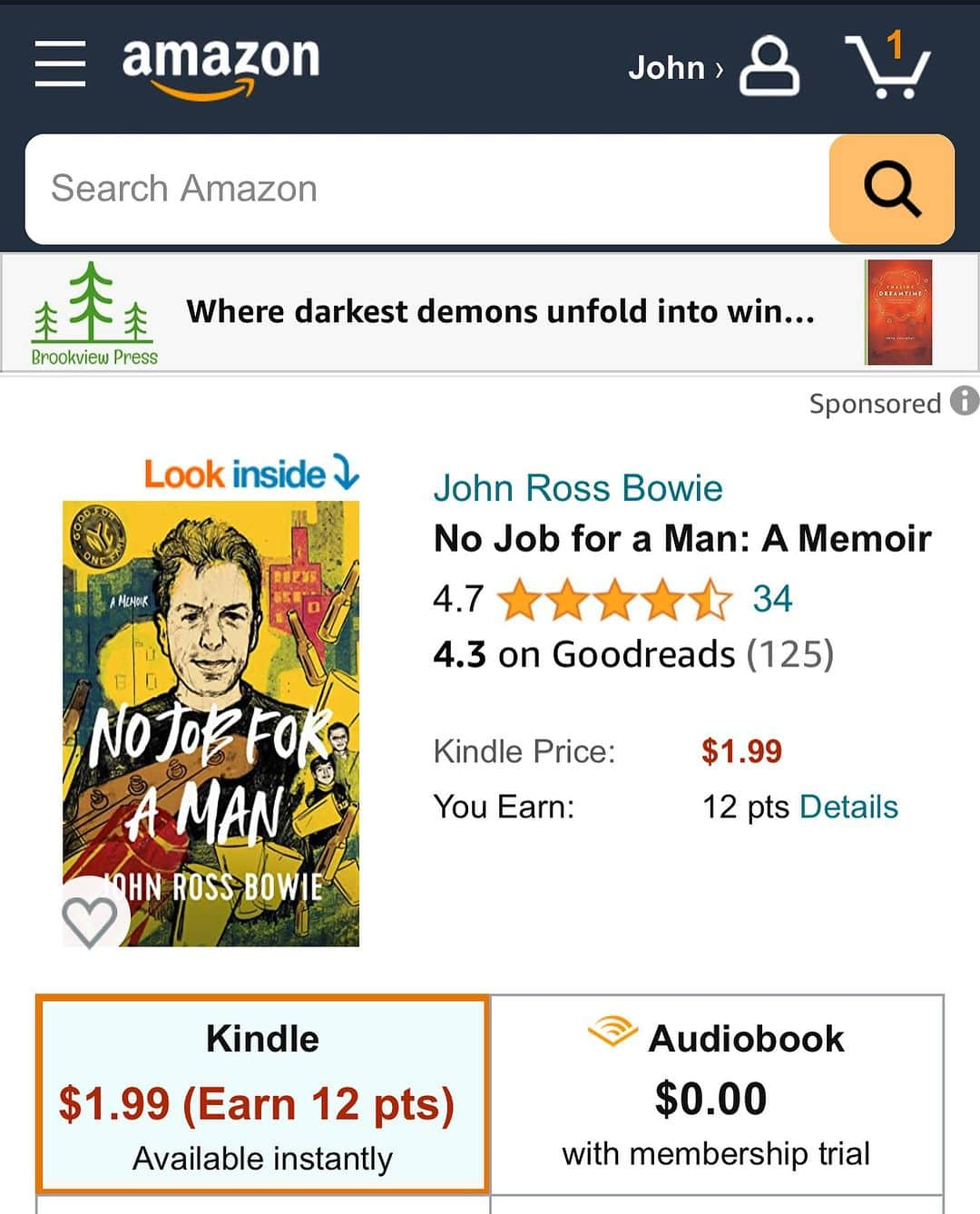 ジョン・ロス・ボウイのインスタグラム：「Kindle readers… To celebrate the first birthday of my book “no job for a man,” the e-book is on sale! Wanna read my book, but are too embarrassed to read it on the subway? We have your answer!!! And if you order now, I’ll sign it! #wait #no #ihavenotthoughtthisthrough #memoir #tbbt #daddyissues」