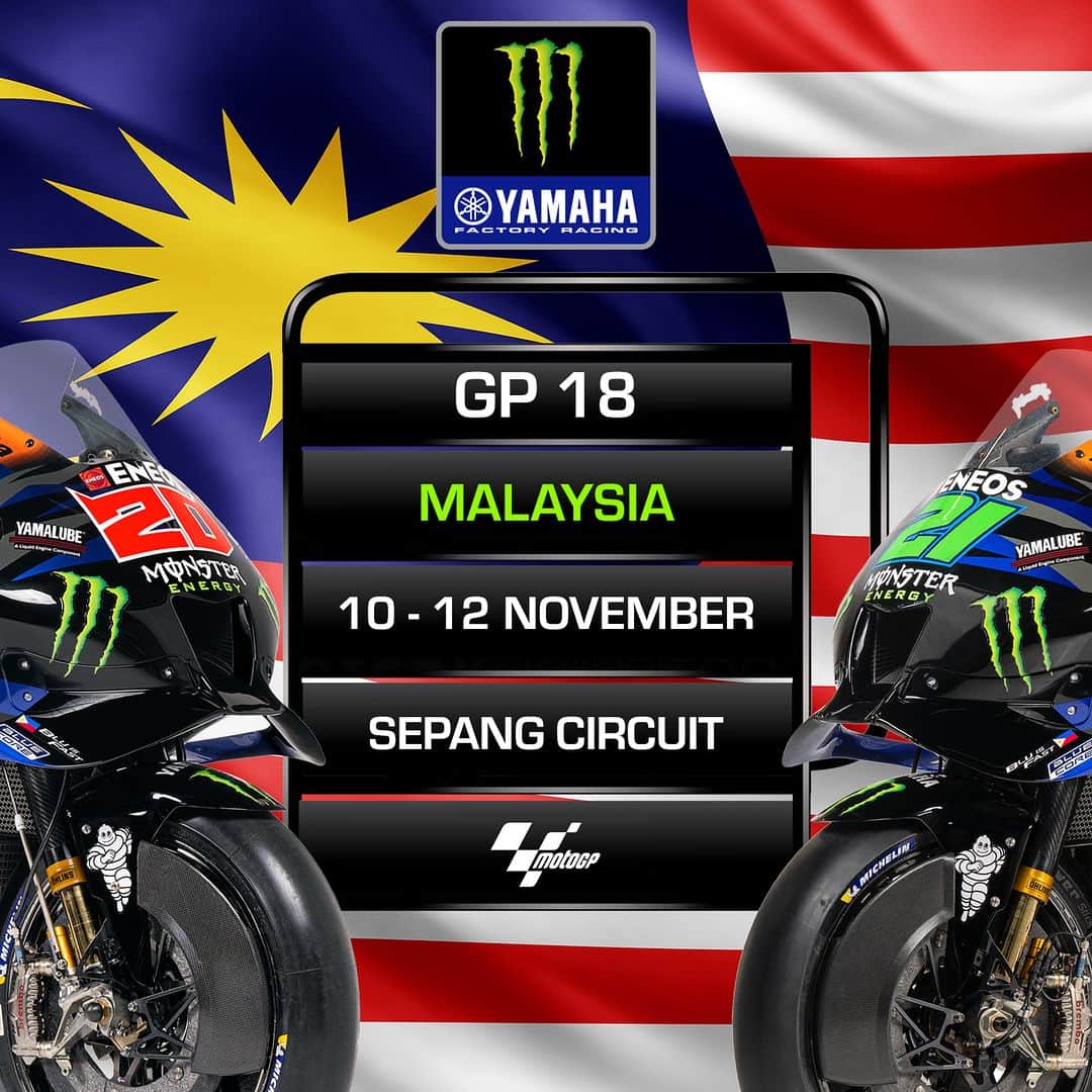 YamahaMotoGPのインスタグラム：「The Grand Prix of Malaysia is the final Asian race weekend of the 2023 season 🌏  For the non-local fans: this GP takes place in the GMT +8, so make sure you set your alarms accordingly ⏰   #MonsterYamaha | #MotoGP | #MalaysianGP」