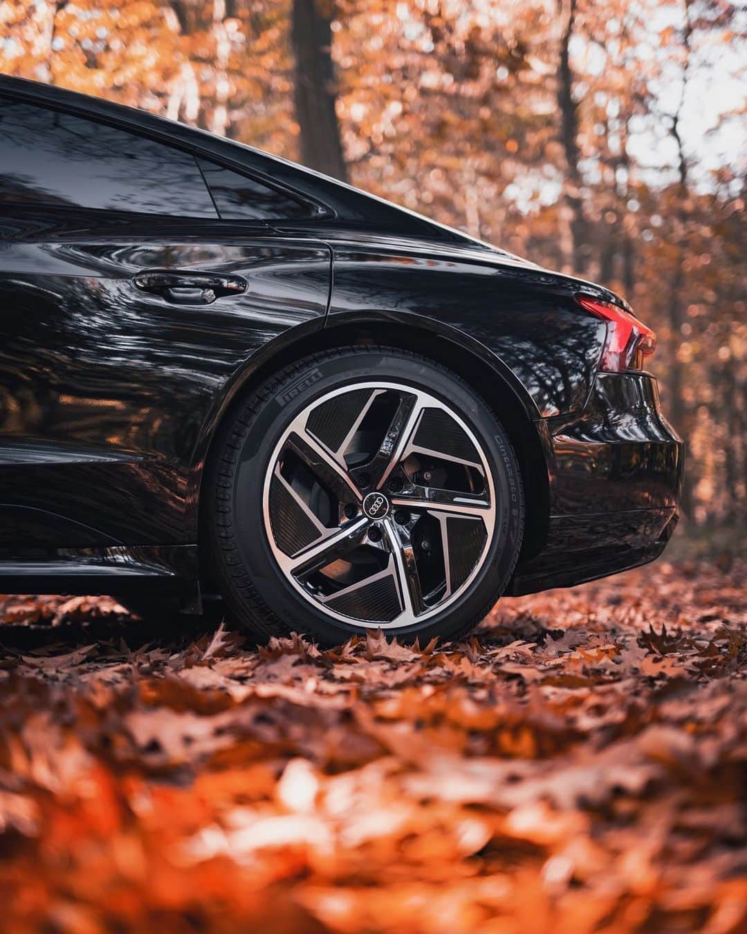 アウディ ジャパンのインスタグラム：「森閑とした秋のシーンに確かな存在感を添える、Audi e-tronGT quattroのアルミホイール 5スポークエアロモジュール。   Four ringsと放射状デザインが示すのは、細部までの緻密なこだわりと感性を刺激するスポーティネス。  *写真は欧州仕様車です。日本仕様とは異なります。  #AudietronGT  #etronGT #Audi #AudiJapan #アウディ #アウディジャパン #FutureIsAnAttitude #その進化が未来を創る #アウディetronGT #電気自動車 #EV #emobility #サステイナビリティ #AudiLife #Audigram #CarLife #CarLifeStyle #GermanCars #アウディのある生活 #アウディのある風景 #紅葉 #行楽シーズン」