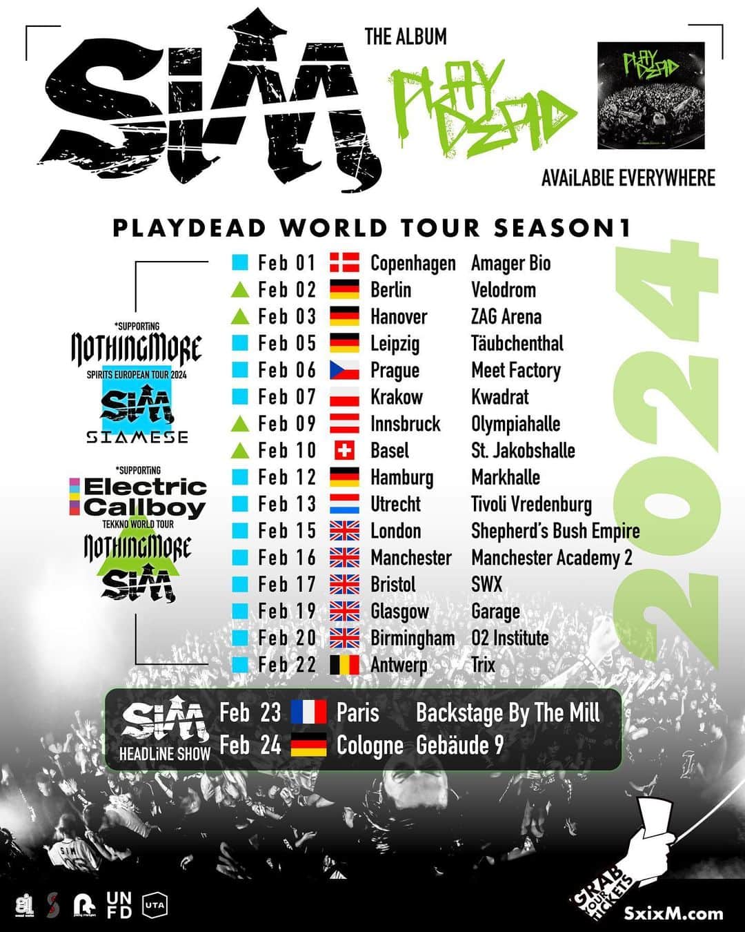 SiMのインスタグラム：「【NEWS】 We are adding two headline shows to our Europe/UK tour with @electriccallboy @nothingmoremusic and @siamese_band  Paris and Cologne will be SiM’s first ever mainland Europe headline dates! Tickets for headline shows go on sale Friday at 10am local time.  All other shows are on sale now at https://sim.komi.io   See you in February!   🇩🇰 🇩🇪 🇨🇿 🇵🇱 🇦🇹 🇨🇭 🇳🇱 🇬🇧 🇧🇪 🇫🇷   1 FEB 2024 KOBENHAVN, DK (supporting Nothing More w/ Siamese)  2 FEB 2024 BERLIN, DE (supporting Electric Callboy w/ Nothing More)  3 FEB 2024 HANNOVER, DE (supporting Electric Callboy w/ Nothing More)  5 FEB 2024 LEIPZIG, DE (supporting Nothing More w/ Siamese)  6 FEB 2024 PRAHA, CZ (supporting Nothing More w/ Siamese)  7 FEB 2024 KRAKOW, PL (supporting Nothing More w/ Siamese)  9 FEB 2024 INNSBRUCK, AT (supporting Electric Callboy w/ Nothing More)  10 FEB 2024 BASEL, CH (supporting Electric Callboy w/ Nothing More)  12 FEB 2024 HAMBURG, DE (supporting Nothing More w/ Siamese)  13 FEB 2024 UTRECHT, NL (supporting Nothing More w/ Siamese)  15 FEB 2024 LONDON, GB (supporting Nothing More w/ Siamese)  16 FEB 2024 MANCHESTER, GB (supporting Nothing More w/ Siamese)  17 FEB 2024 BRISTOL, GB (supporting Nothing More w/ Siamese)  19 FEB 2024 GLASGOW, GB (supporting Nothing More w/ Siamese)  20 FEB 2024 BIRMINGHAM, GB (supporting Nothing More w/ Siamese)  22 FEB 2024 ANTWERPEN, BE (supporting Nothing More w/ Siamese)  23 FEB 2024 PARIS, FR (Headline Show)  24 FEB 2024 COLOGNE, DE (Headline Show)  #SiMEUUKTOUR  【NEWS】 🇩🇰 🇩🇪 🇨🇿 🇵🇱 🇦🇹 🇨🇭 🇳🇱 🇬🇧 🇧🇪 🇫🇷 フランスとドイツの2都市にて、SiMのヘッドライン公演が決定！  先だって発表された Electric Callboy (@electriccallboy )とNothing More (@nothingmoremusic ) のEUツアーサポートに合わせての追加公演になります。  #SiMEUUKTOUR」